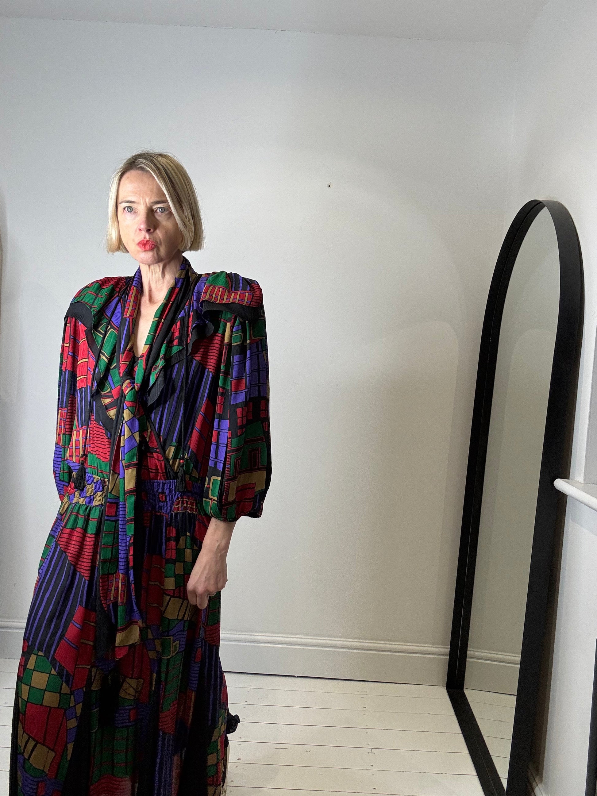 Vintage Mixed Print Georgette Dress with Tassel Ties