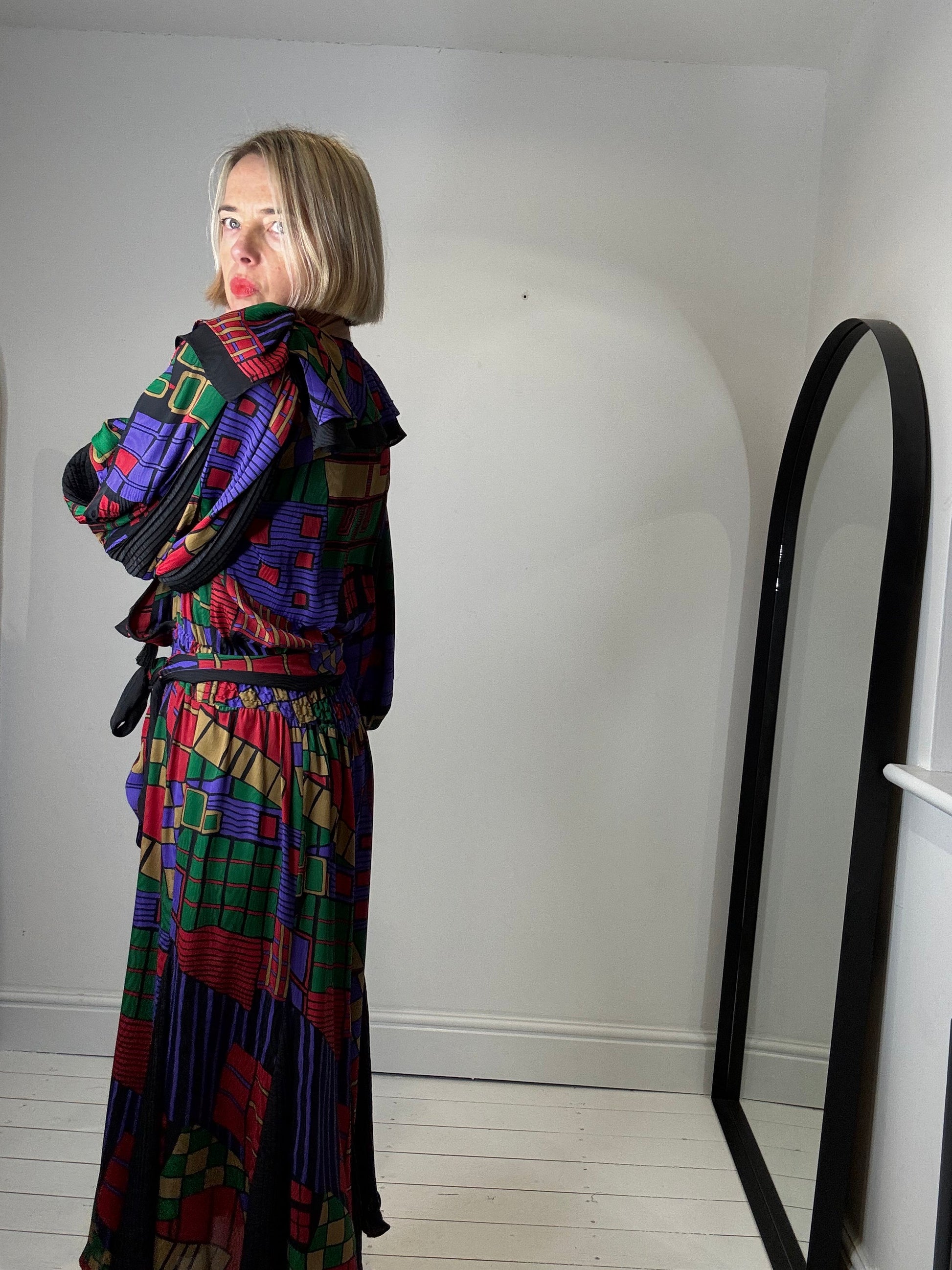 Vintage Mixed Print Georgette Dress with Tassel Ties