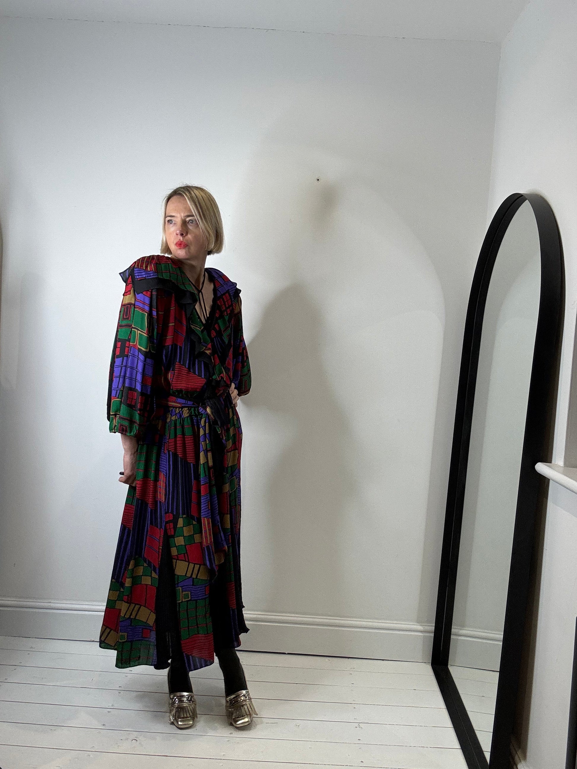 Vintage Mixed Print Georgette Dress with Tassel Ties