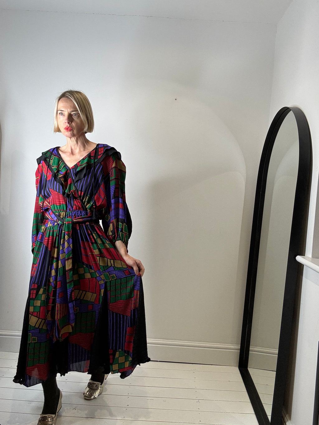 Vintage Mixed Print Georgette Dress with Tassel Ties