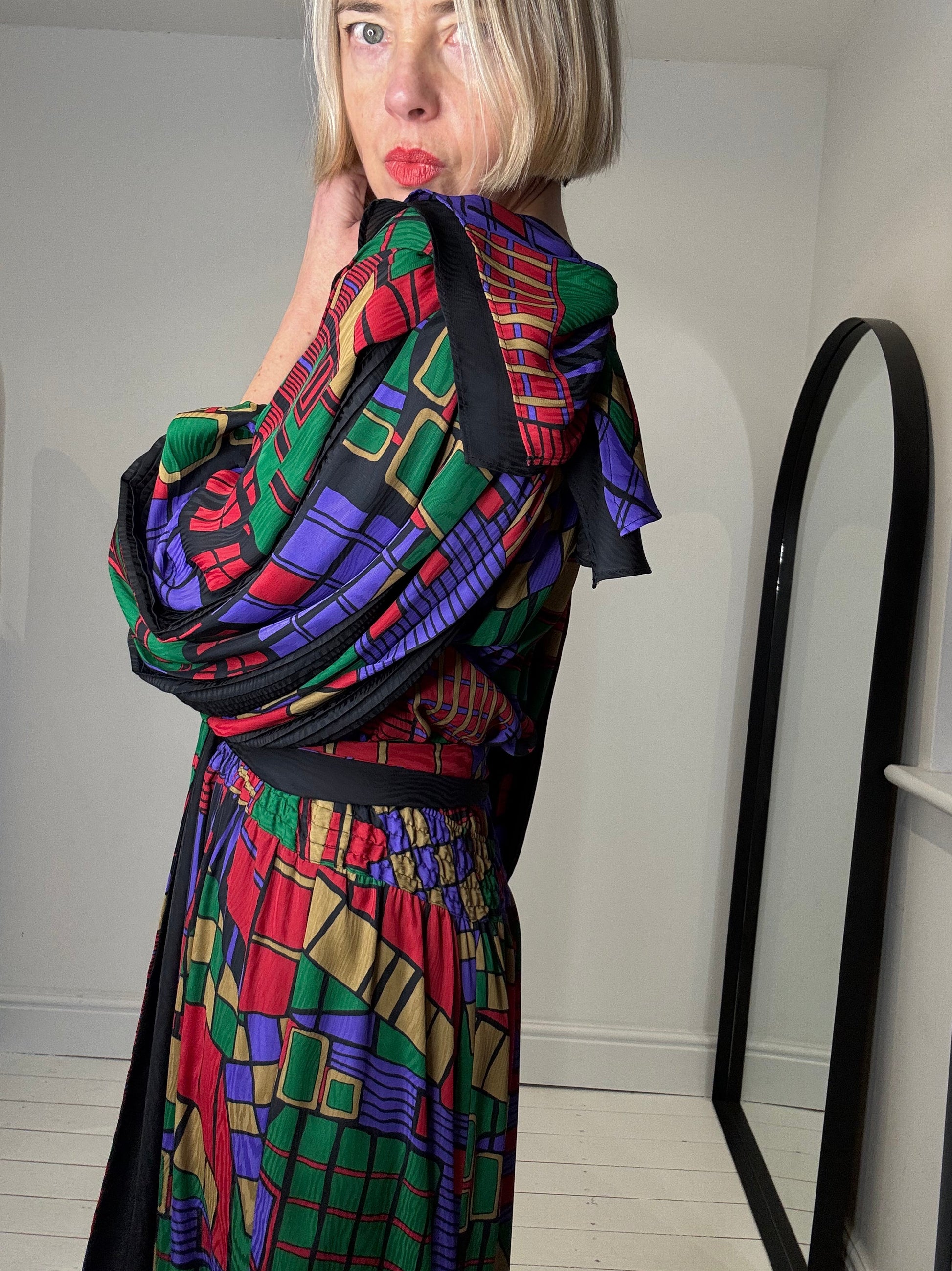 Vintage Mixed Print Georgette Dress with Tassel Ties