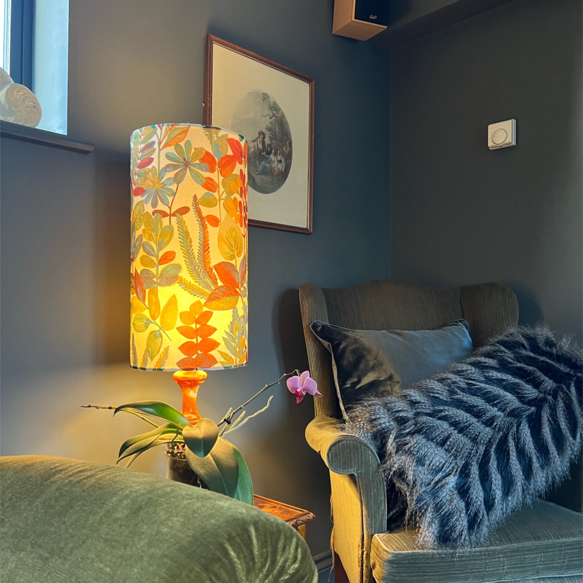 Autumn leaves cylinder lampshade, in cotton, extra tall lampshade