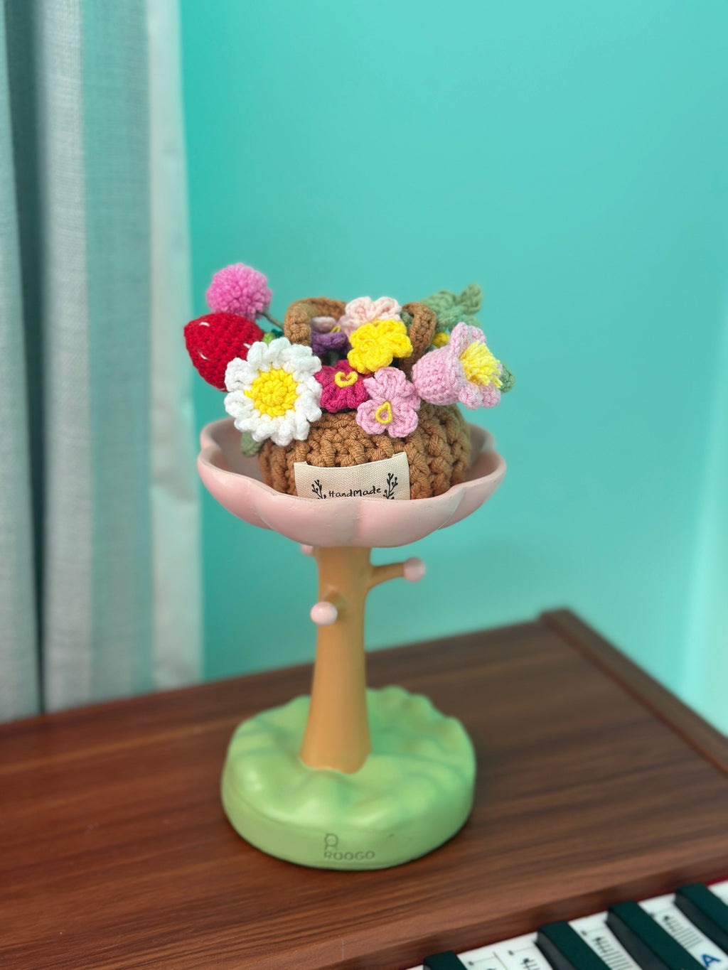 Handmade Miniature Flower Basket with Crocheted Blooms