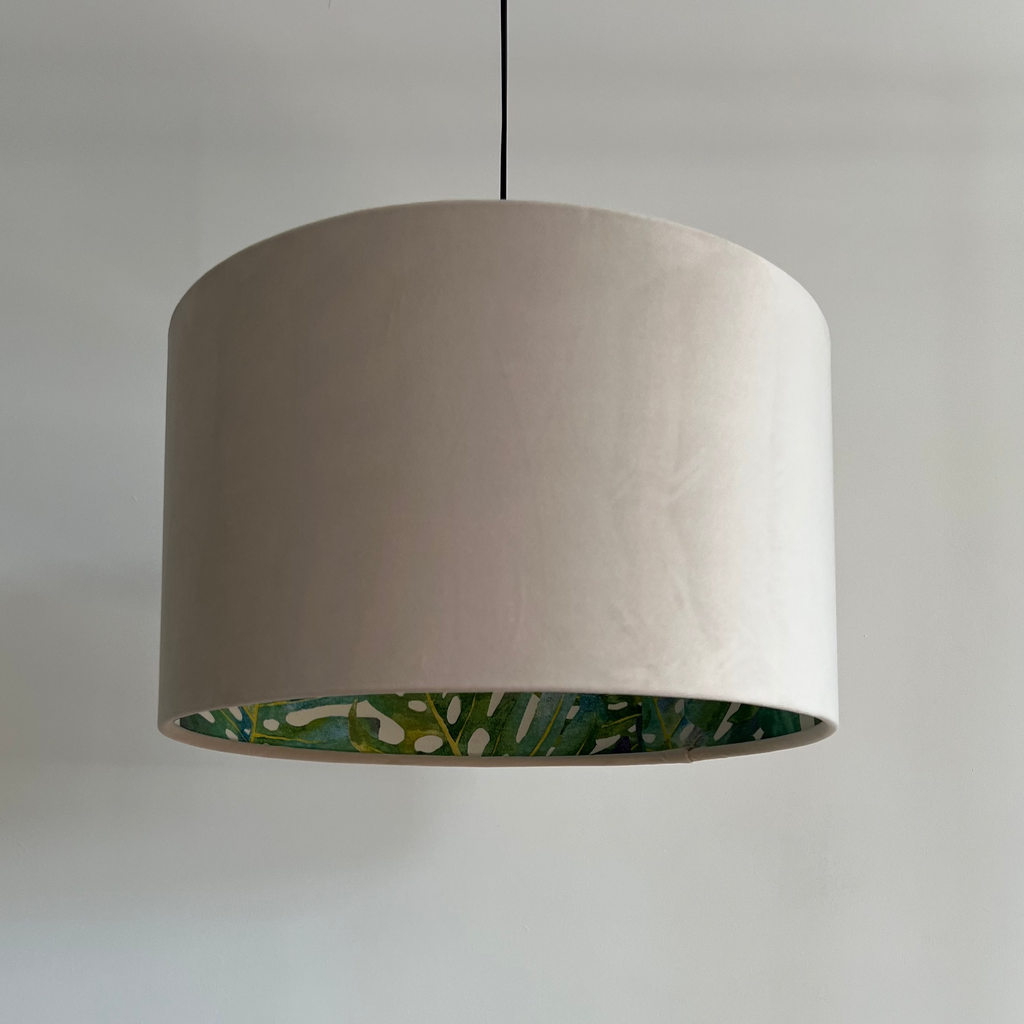 Cream velvet drum lampshade/ ceiling light shade with leaves interior