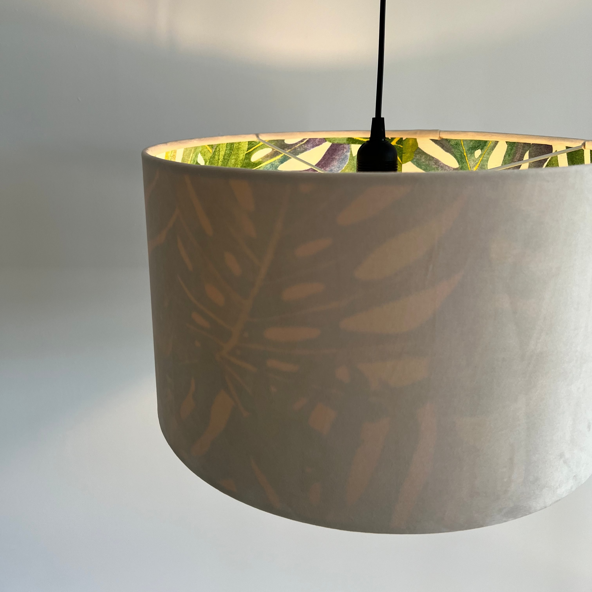 Cream velvet drum lampshade/ ceiling light shade with leaves interior
