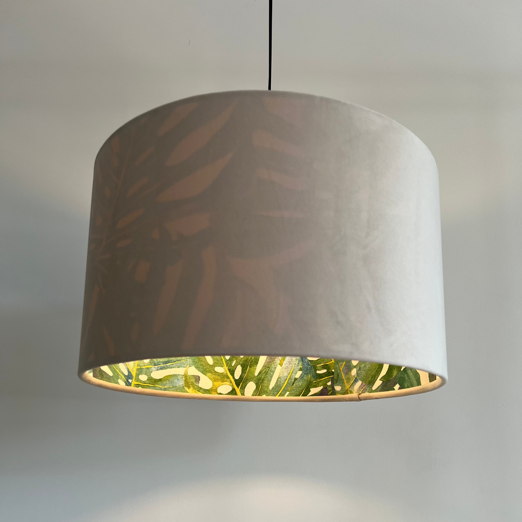 Cream velvet drum lampshade/ ceiling light shade with leaves interior