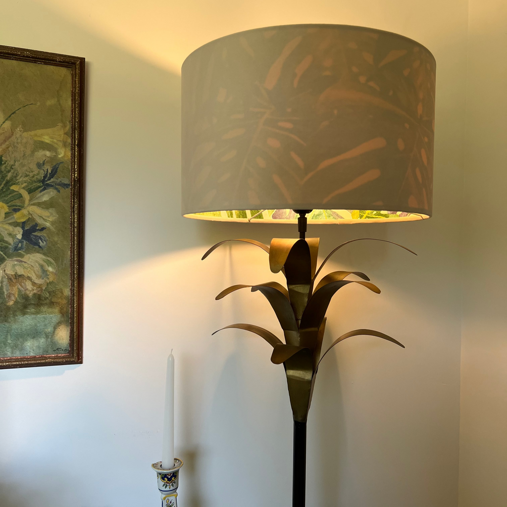 Cream velvet drum lampshade/ ceiling light shade with leaves interior