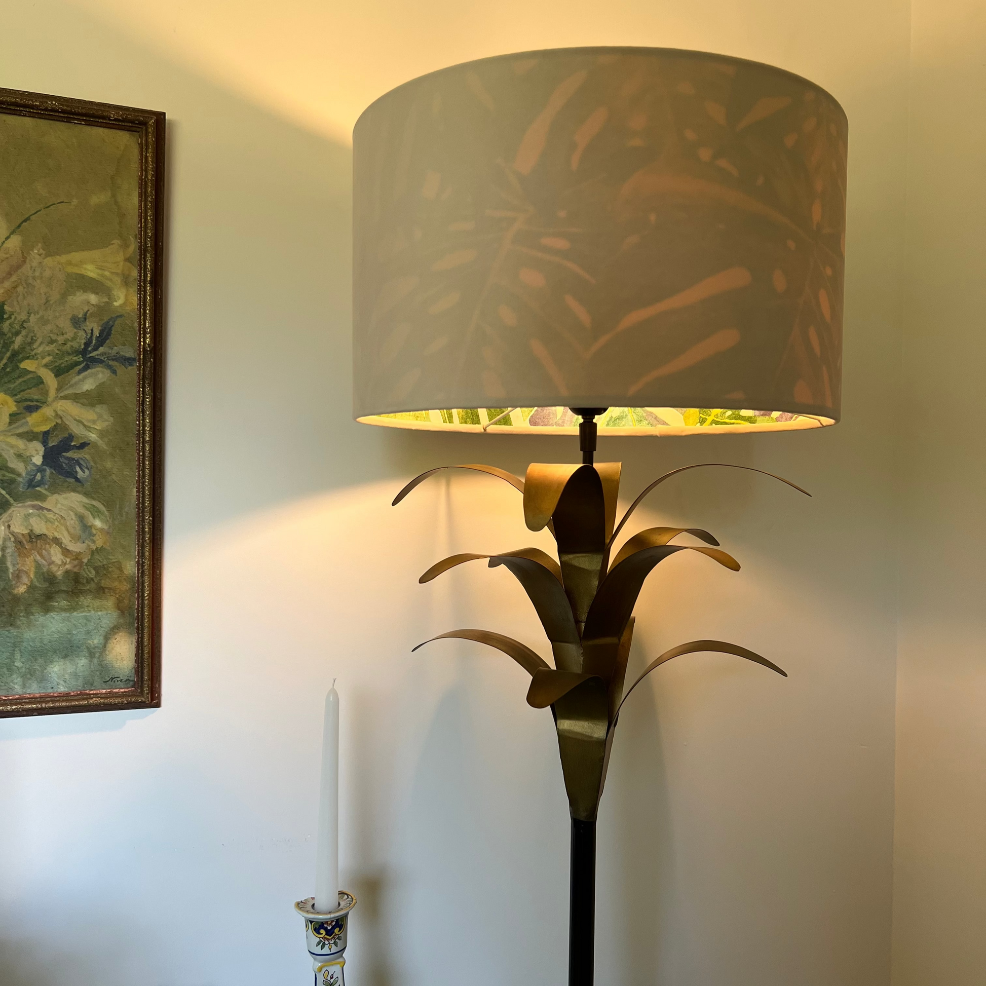 Cream velvet drum lampshade/ ceiling light shade with leaves interior