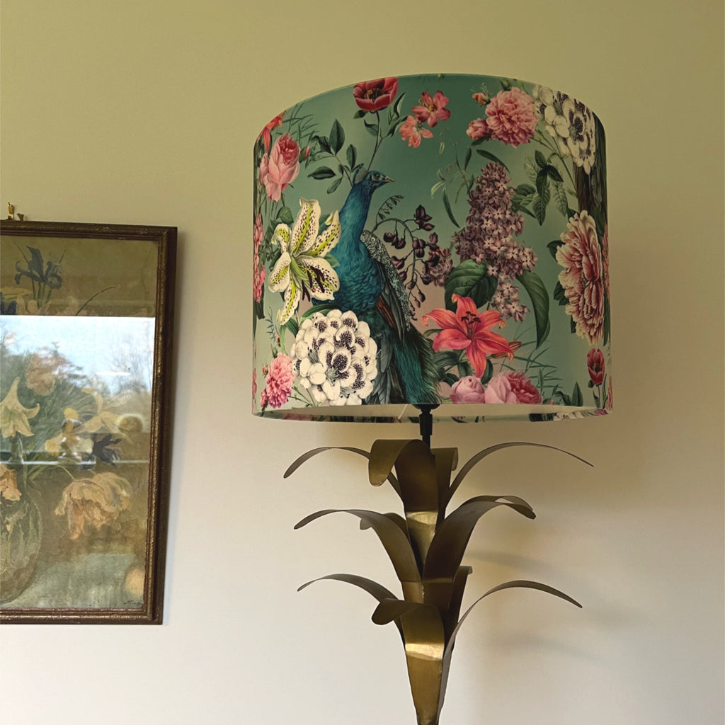 Peacock floral velvet in duck-egg, drum lampshade / ceiling shade, with a white lining