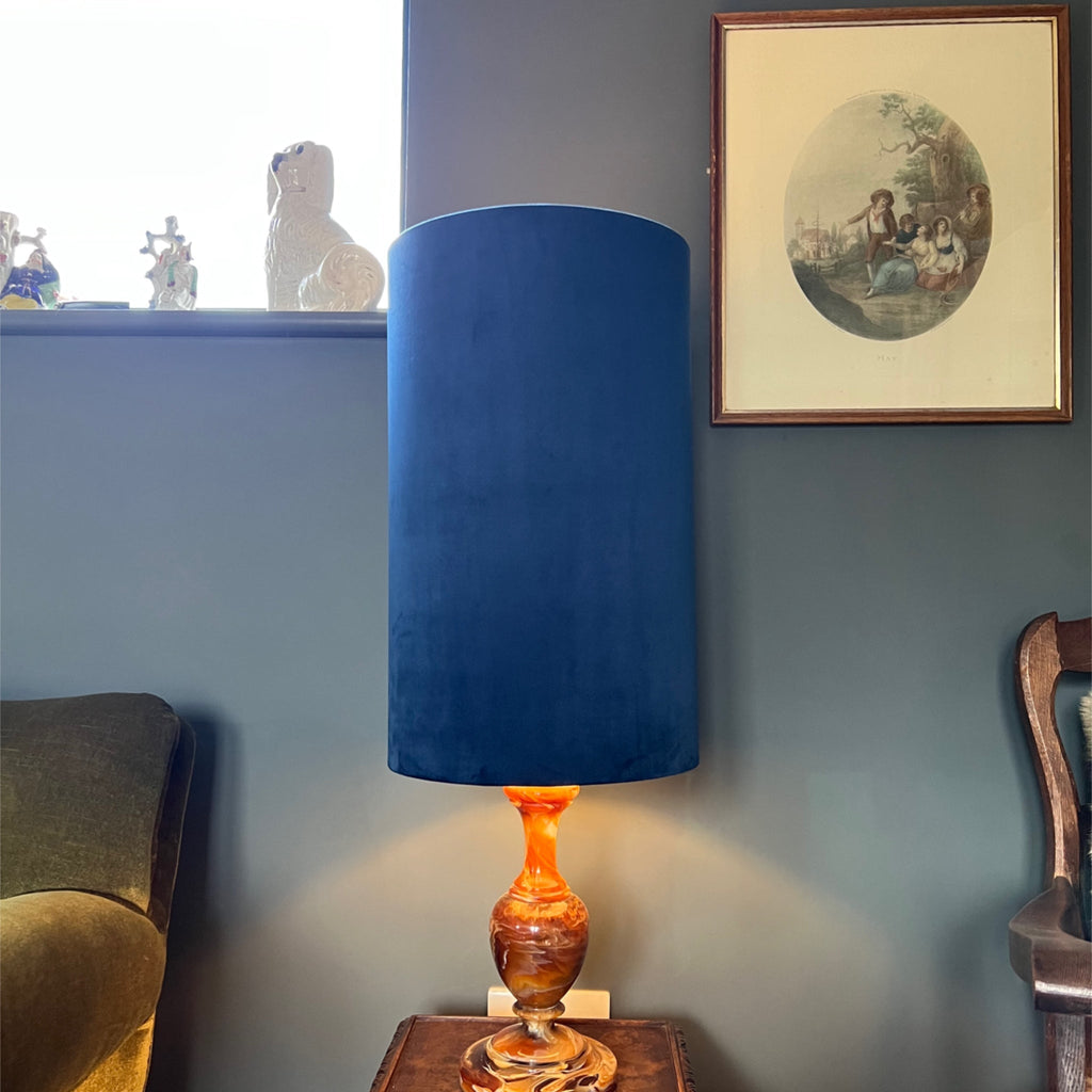 Navy Velvet cylinder lampshade, extra tall lampshade