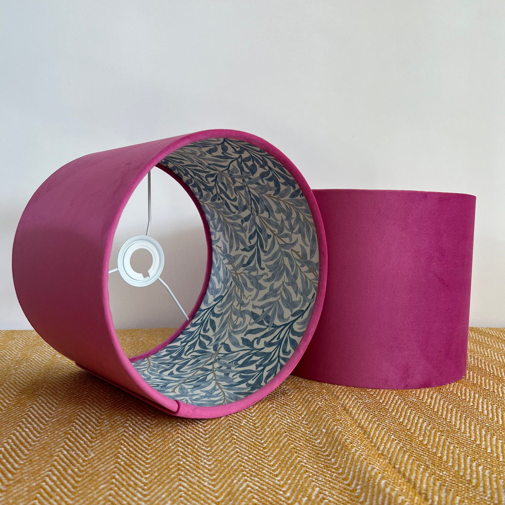 Hot Pink Velvet drum lampshade, double sided lampshade, with William Morris blue leaves cotton interior