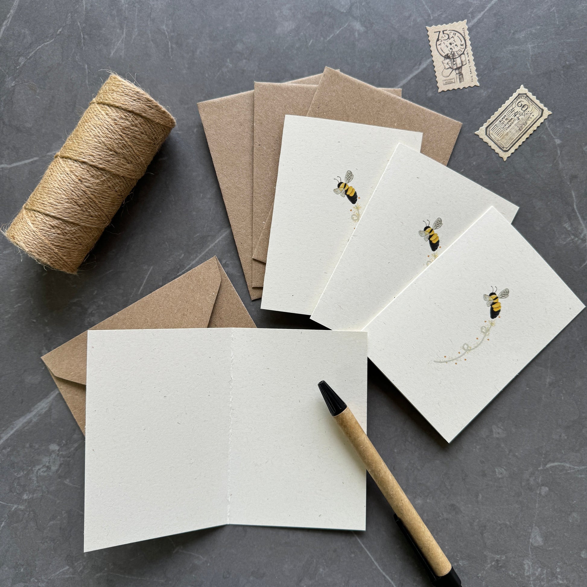 Set of 4 Bee Note Cards with Kraft Envelopes