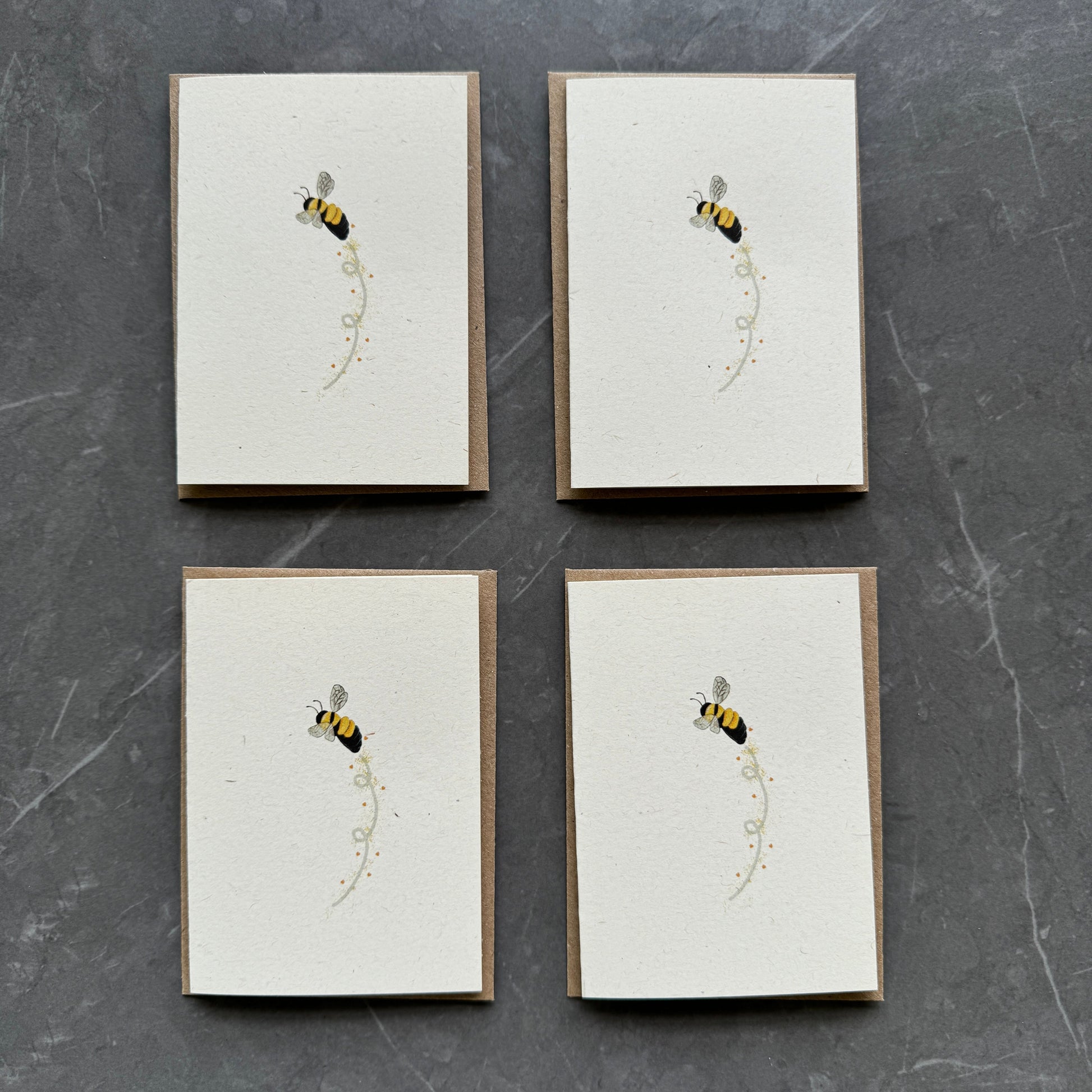 Set of 4 Bee Note Cards with Kraft Envelopes