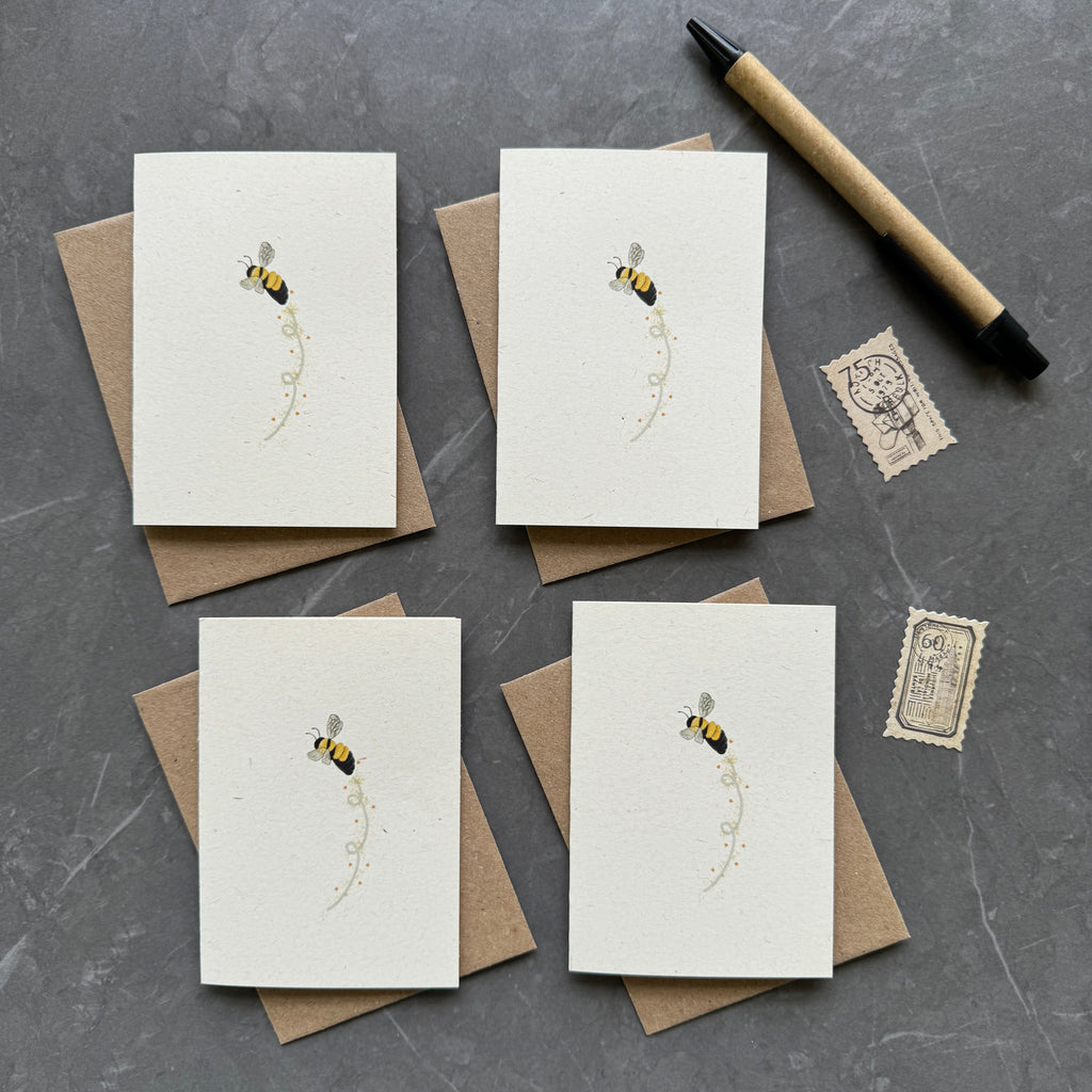 Set of 4 Bee Note Cards with Kraft Envelopes
