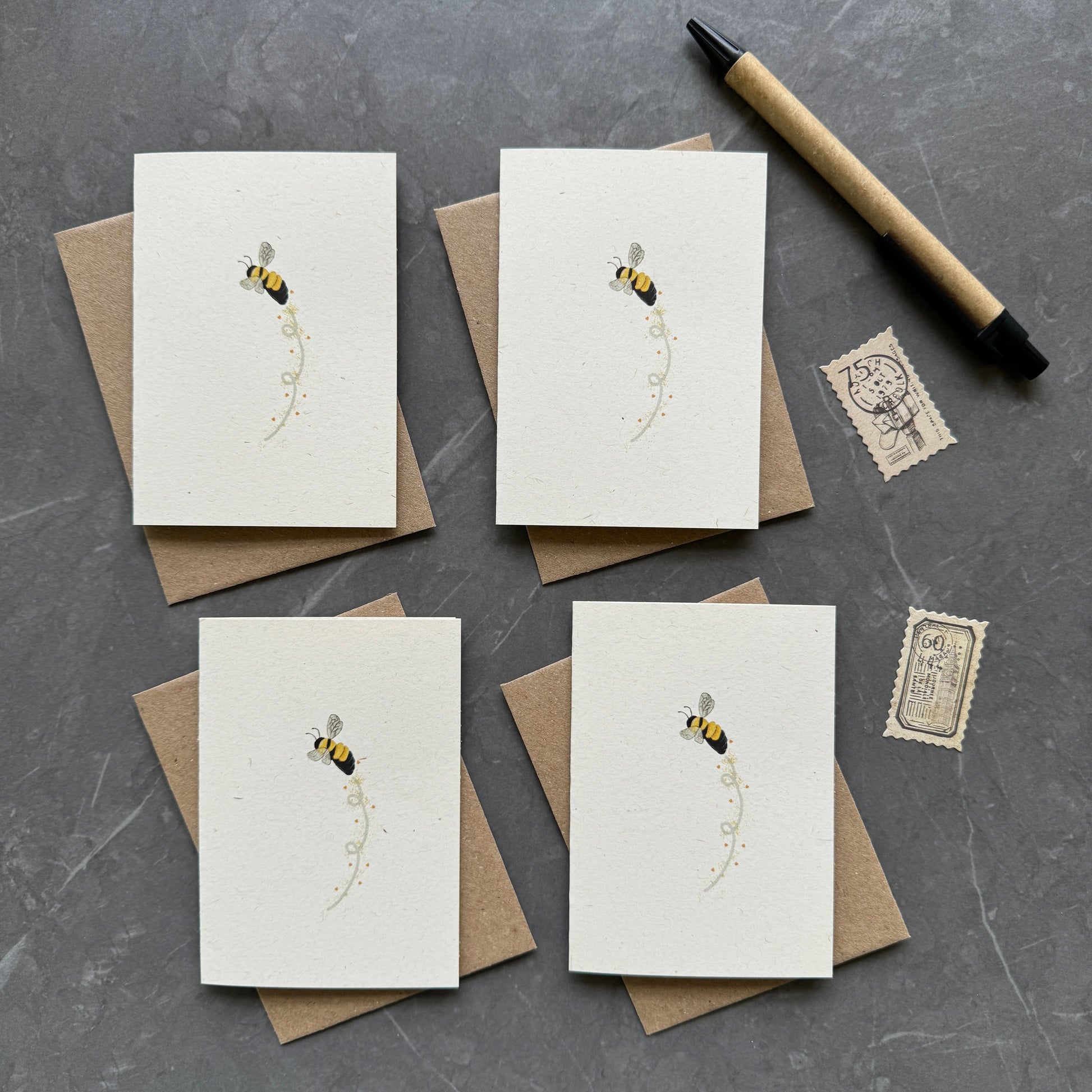 Set of 4 Bee Note Cards with Kraft Envelopes