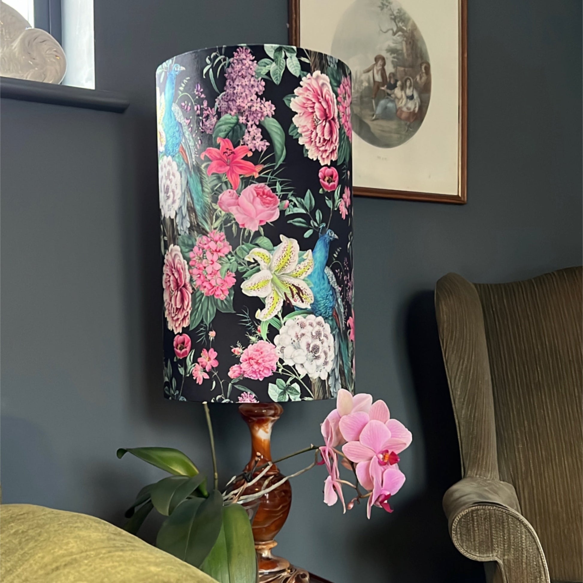 Peacock floral Velvet cylinder lampshade, in black, extra tall lampshade