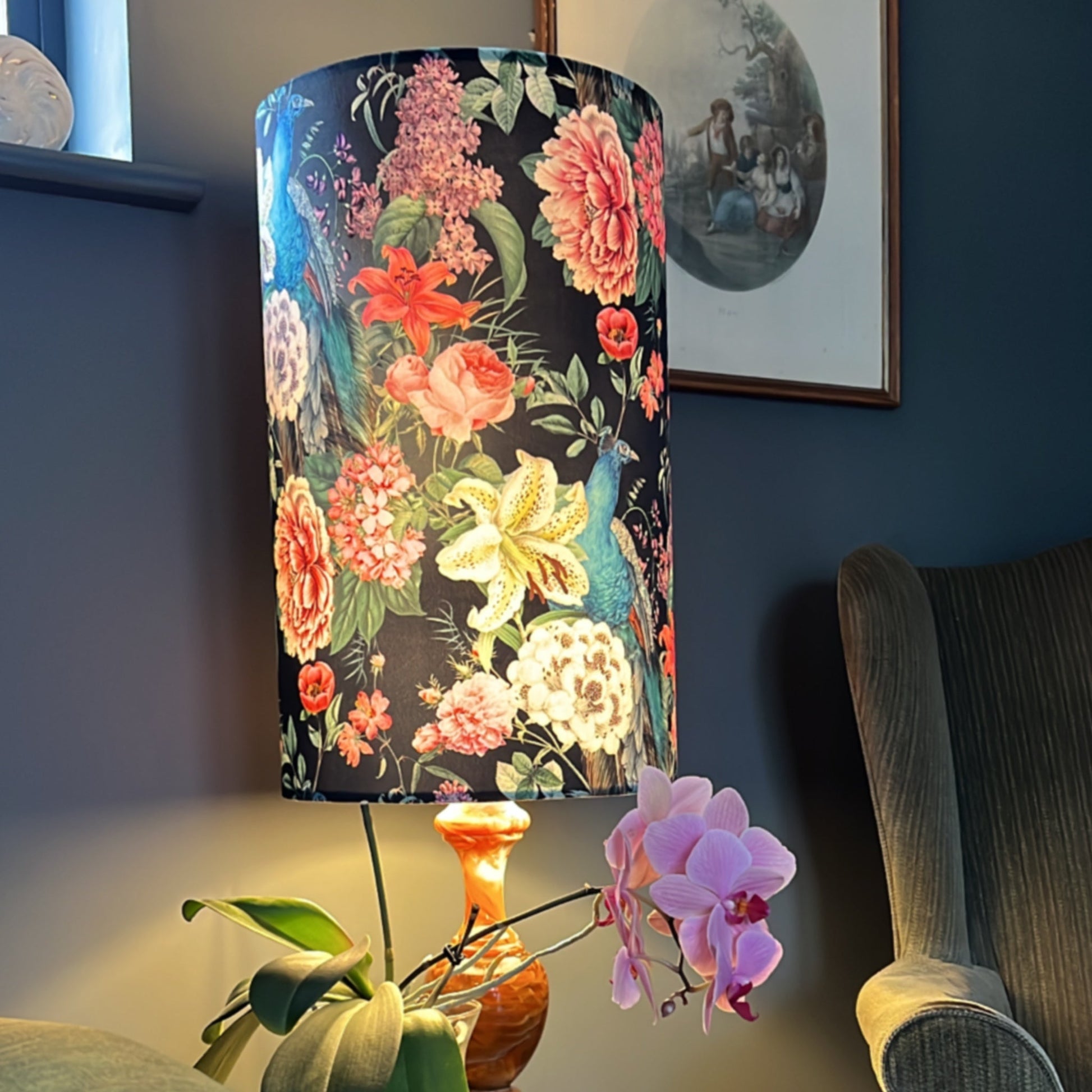 Peacock floral Velvet cylinder lampshade, in black, extra tall lampshade