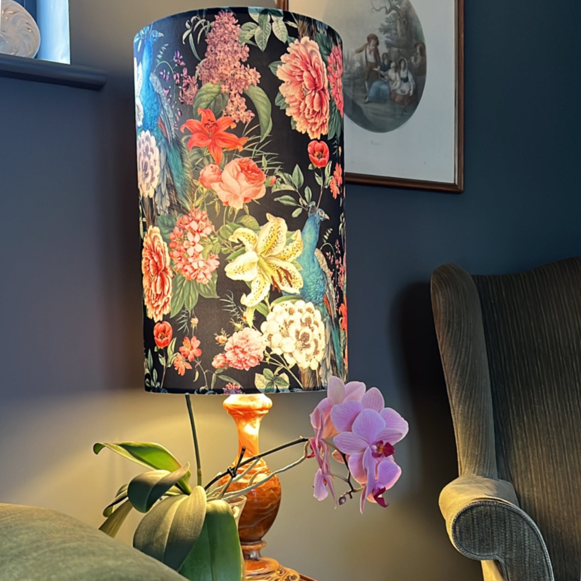 Peacock floral Velvet cylinder lampshade, in black, extra tall lampshade