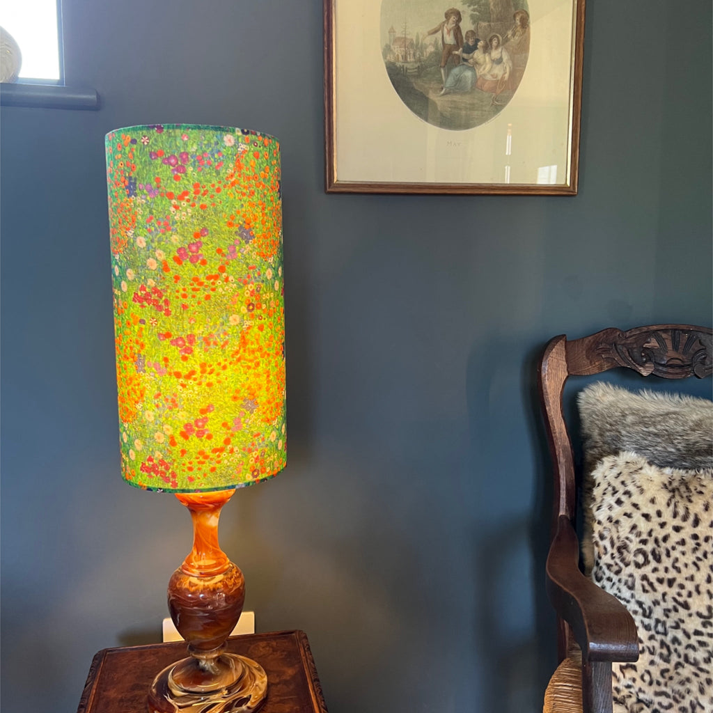 Green flowers cotton extra tall cylindrical lampshade, with a white lining