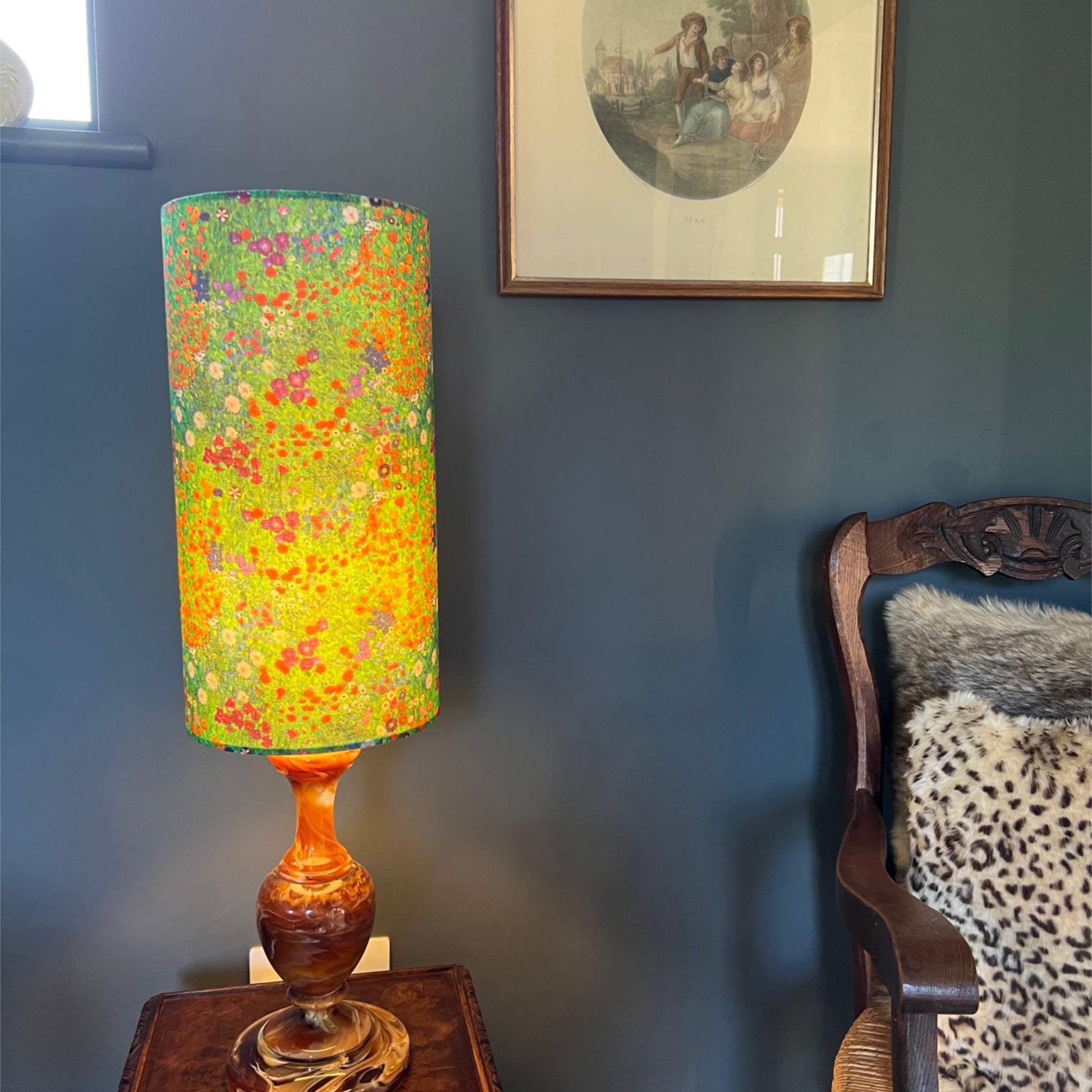 Green flowers cotton extra tall cylindrical lampshade, with a white lining