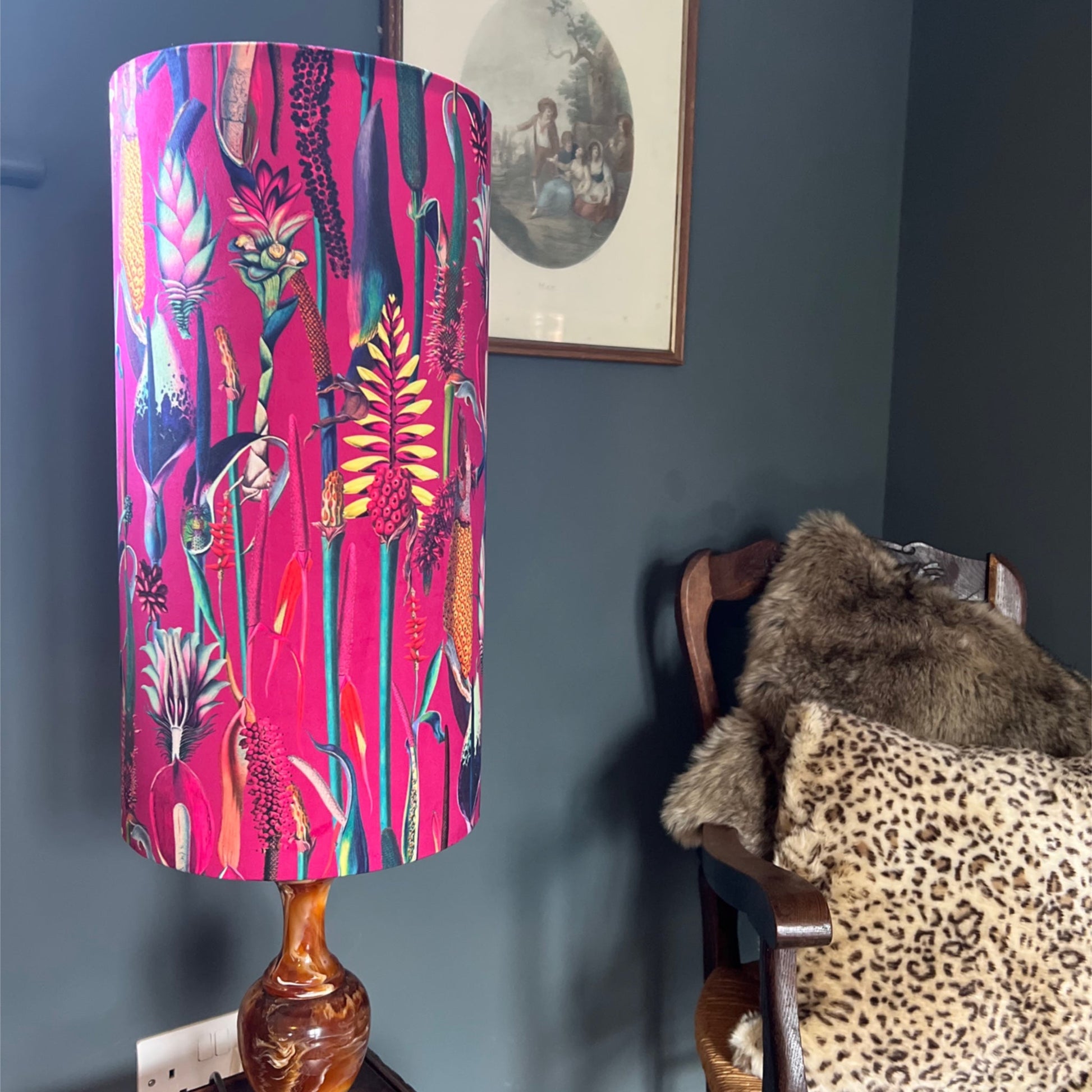 Botanical Cerise pink velvet cylinder lampshade, extra tall lampshade