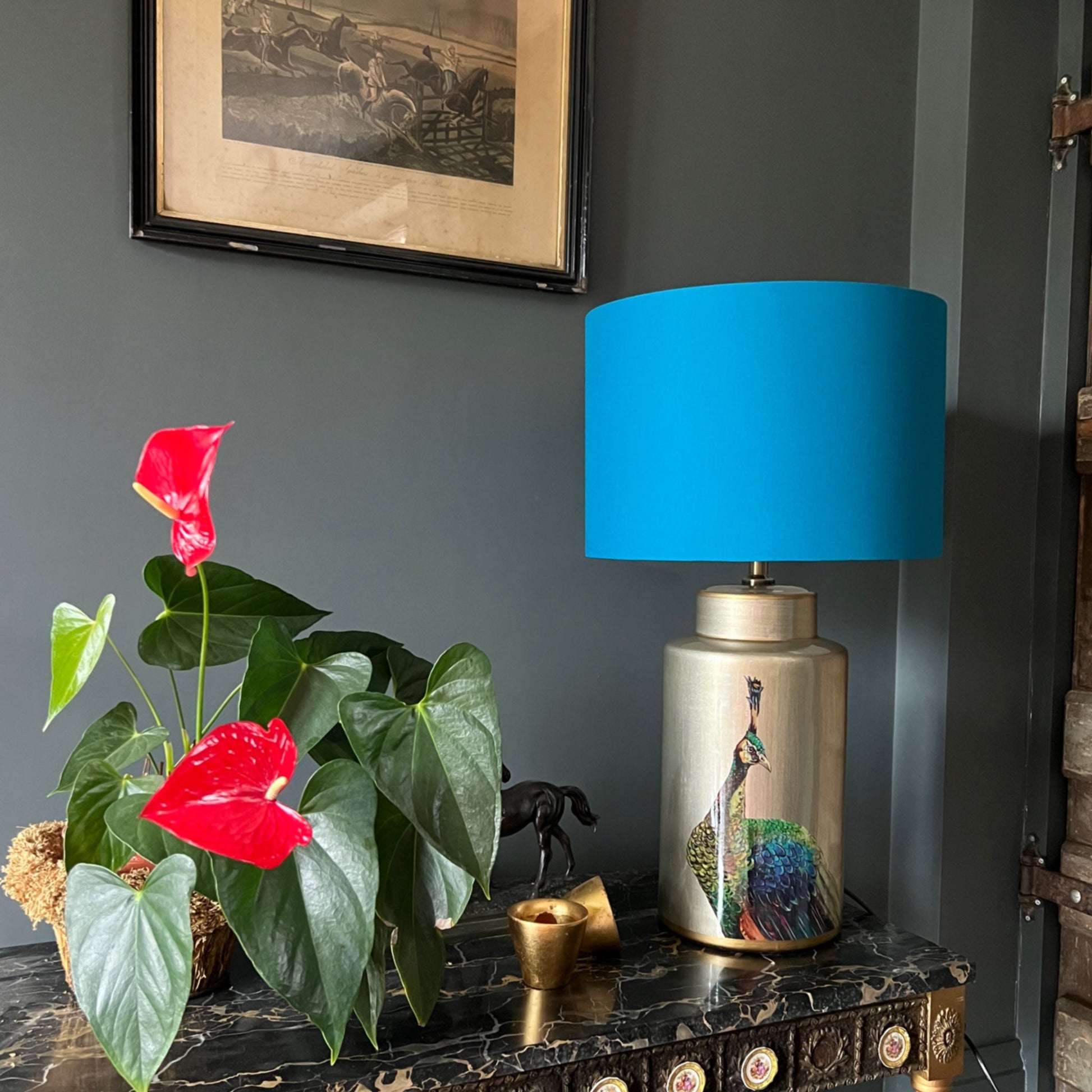 Teal cotton drum lampshade/ ceiling shade with a white lining