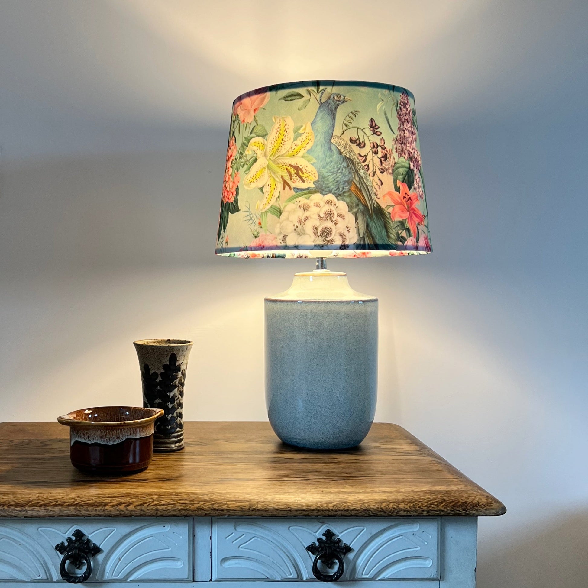 Peacock floral velvet french drum lampshade/ ceiling light shade, empire lampshade, duck egg