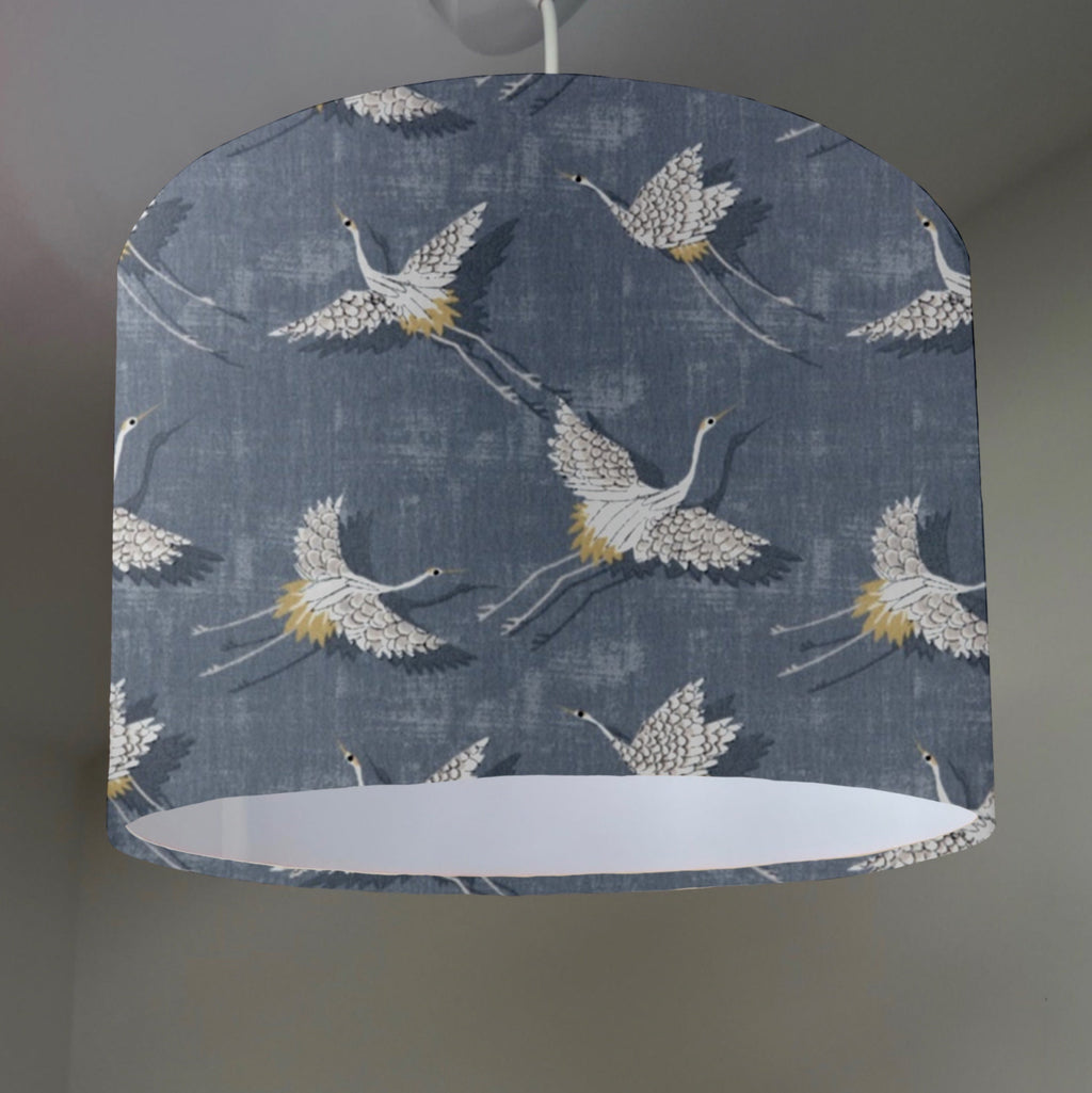 Flying birds drum lampshade/ ceiling shade, in slate, with a white lining