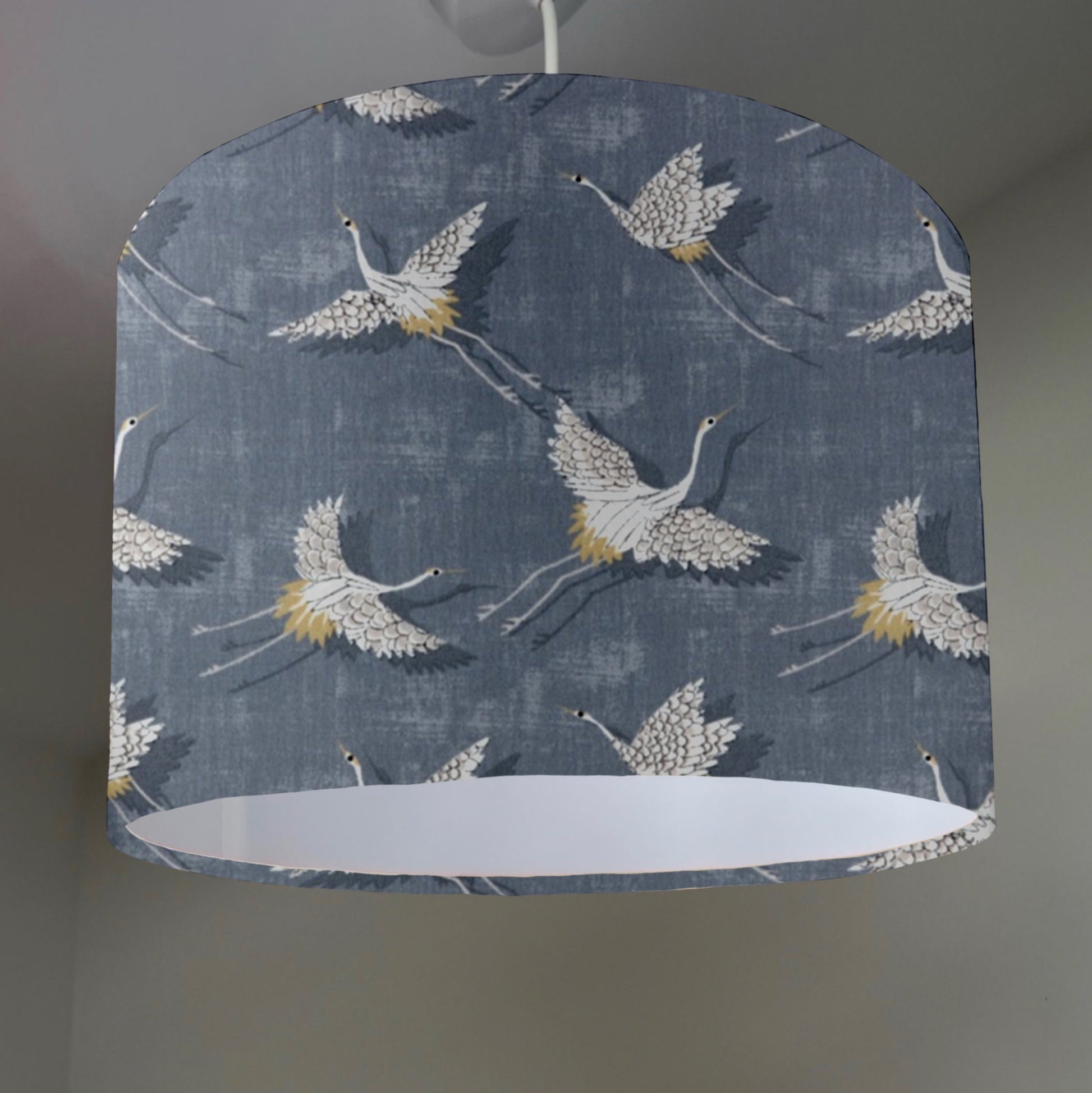 Flying birds drum lampshade/ ceiling shade, in slate, with a white lining