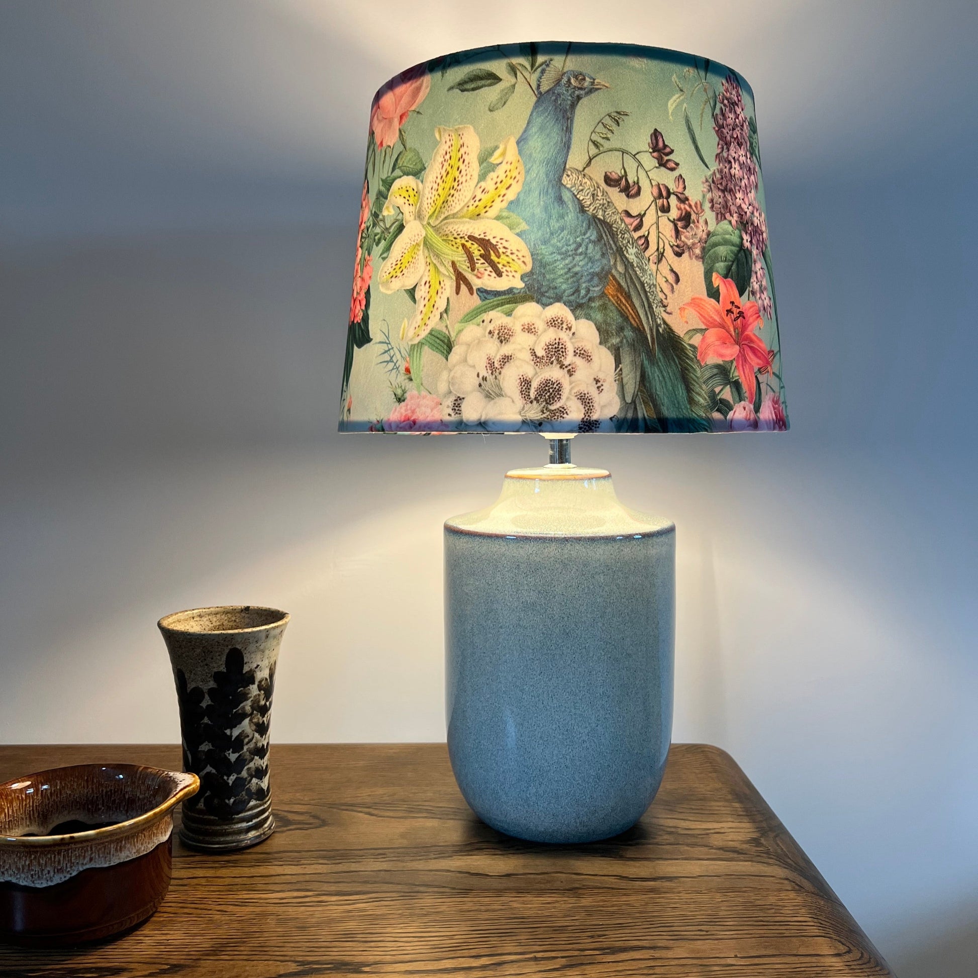 Peacock floral velvet french drum lampshade/ ceiling light shade, empire lampshade, duck egg