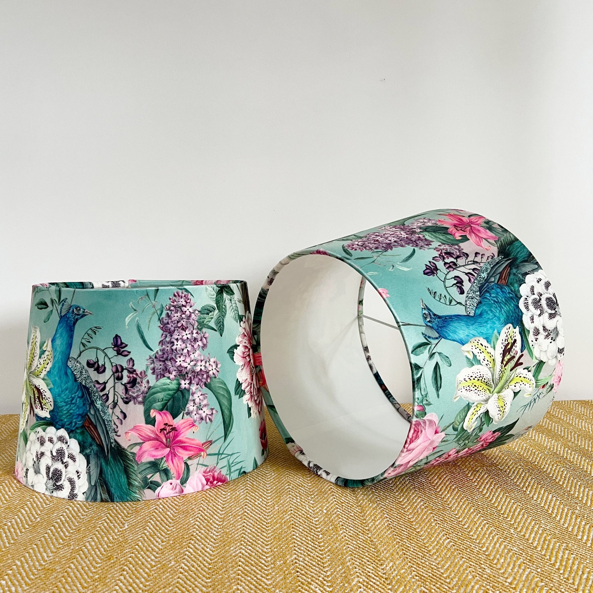 Peacock floral velvet french drum lampshade/ ceiling light shade, empire lampshade, duck egg
