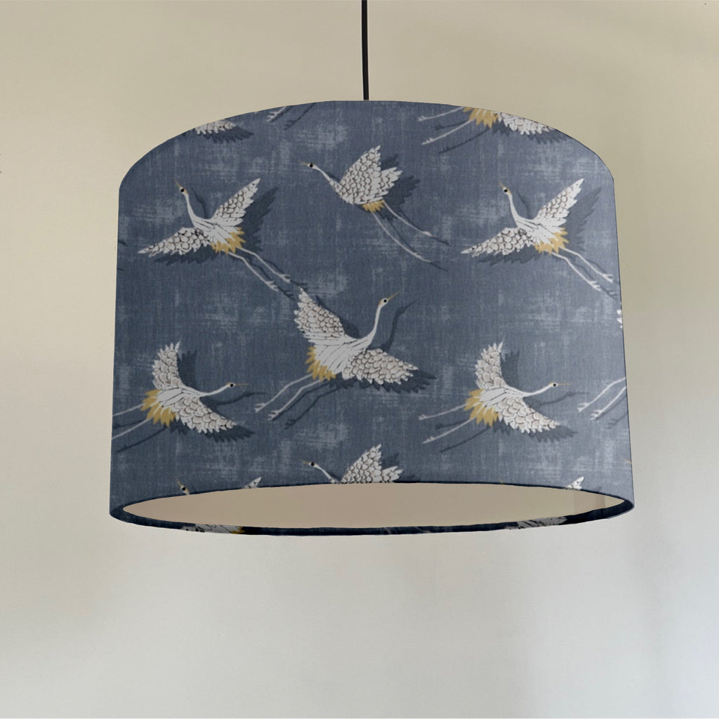 Flying birds drum lampshade/ ceiling shade, in slate, with a white lining