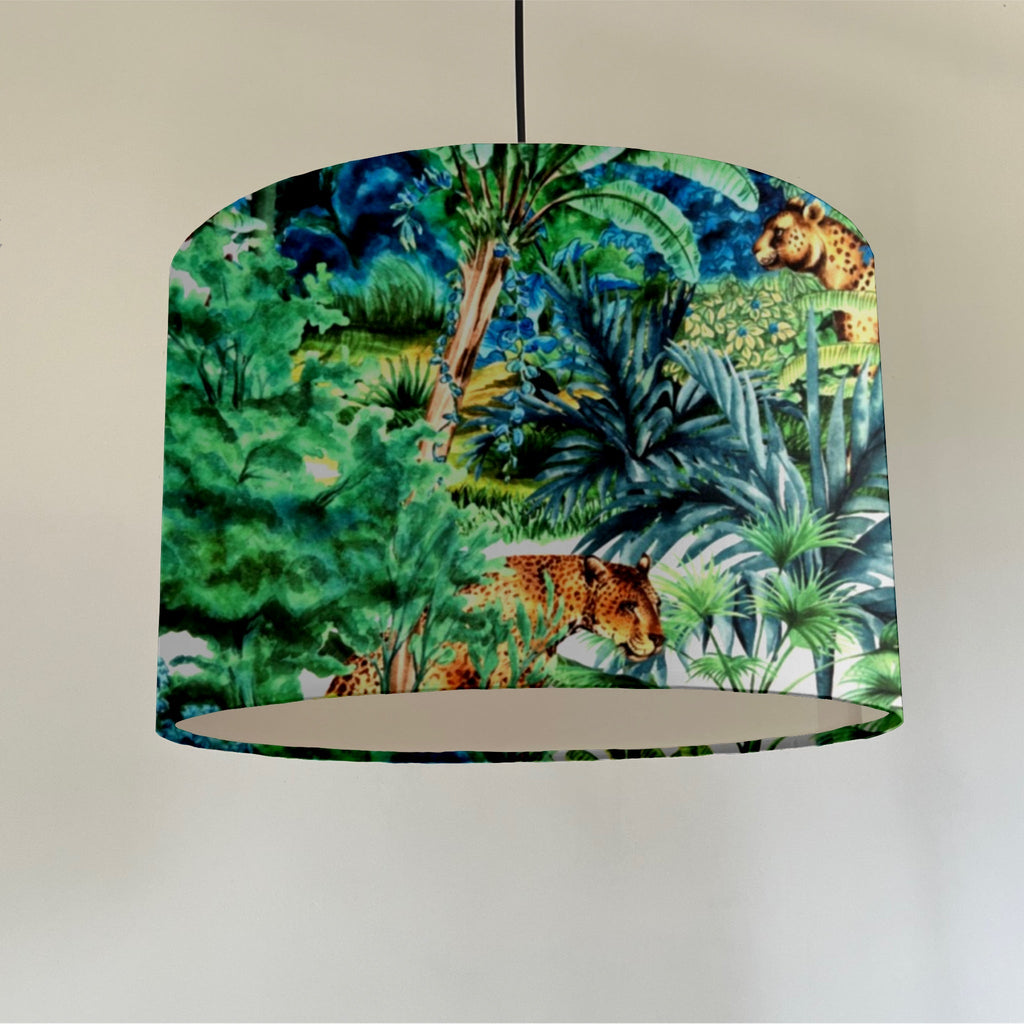 Big cat Jungle velvet drum lampshade / ceiling shade, with a white lining
