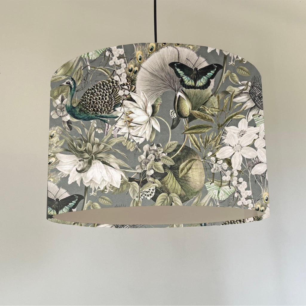 Peacock butterfly velvet in grey, drum lampshade/ ceiling shade, with a white lining