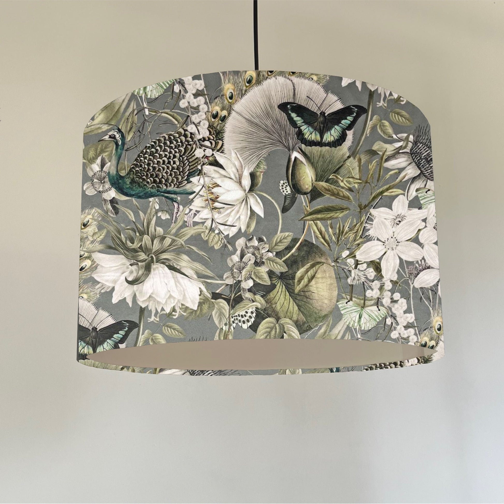 Peacock butterfly velvet in grey, drum lampshade/ ceiling shade, with a white lining
