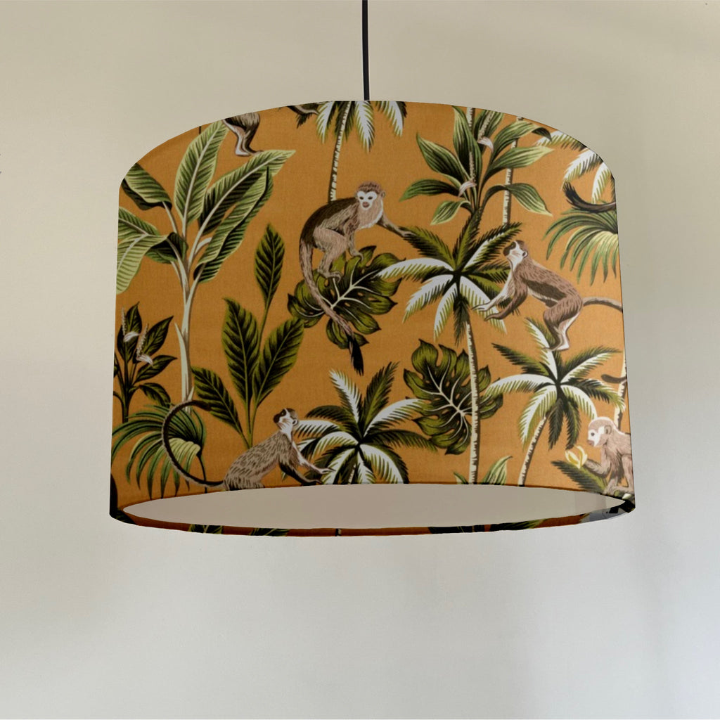 Jungle monkey cotton, in mustard, drum lampshade /ceiling shade with a white lining