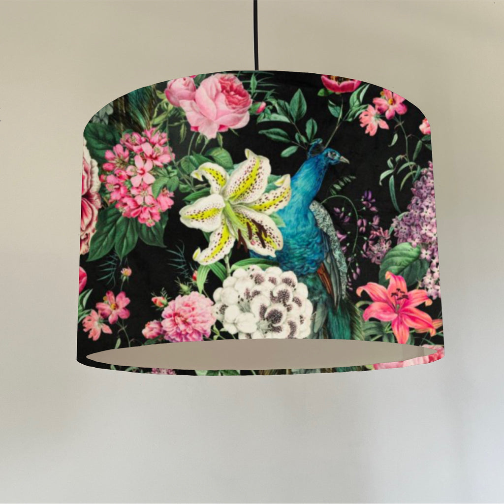 Peacock floral velvet in black, drum lampshade / ceiling shade, with a white lining