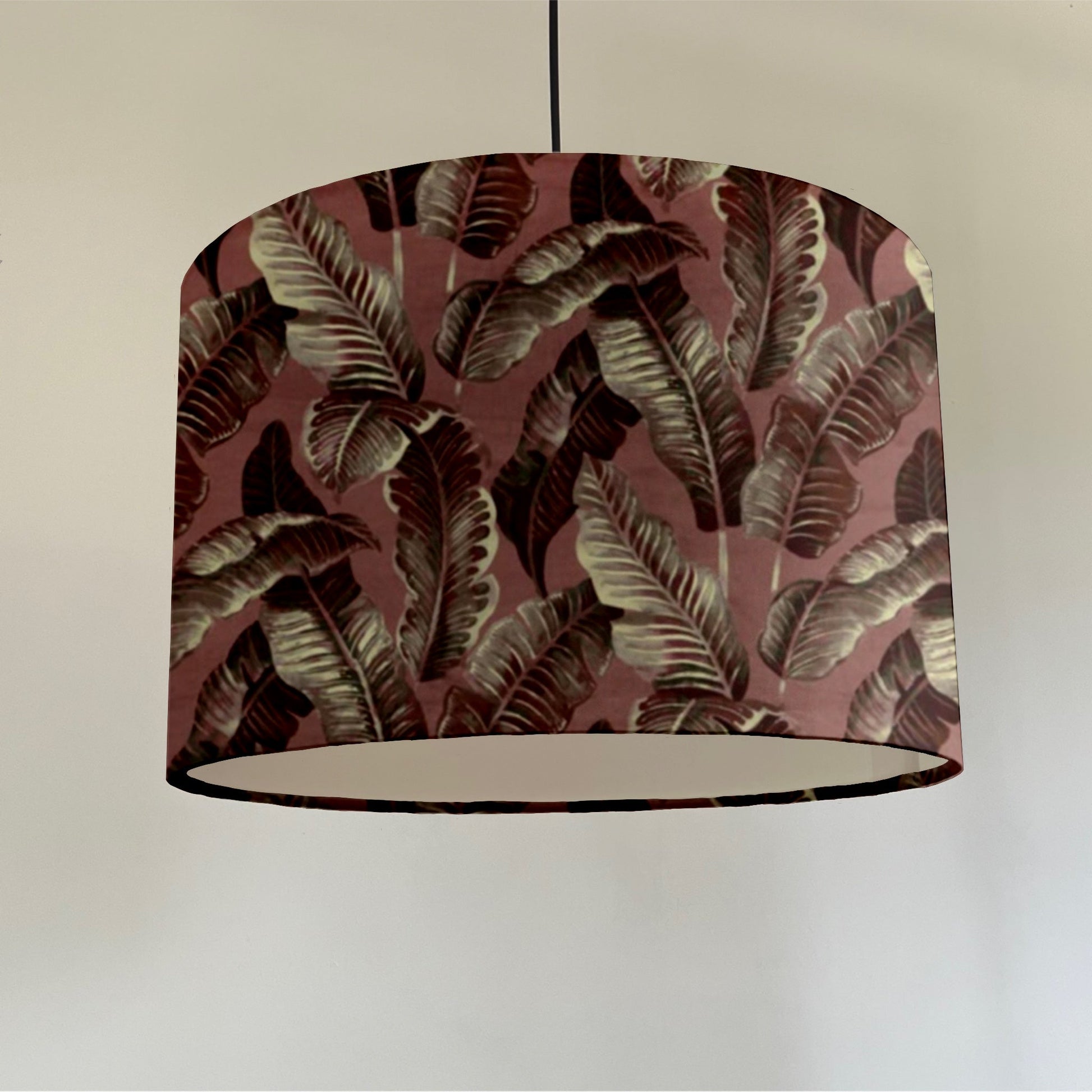 Pink leaves velvet, drum lampshade /ceiling shade with a white lining