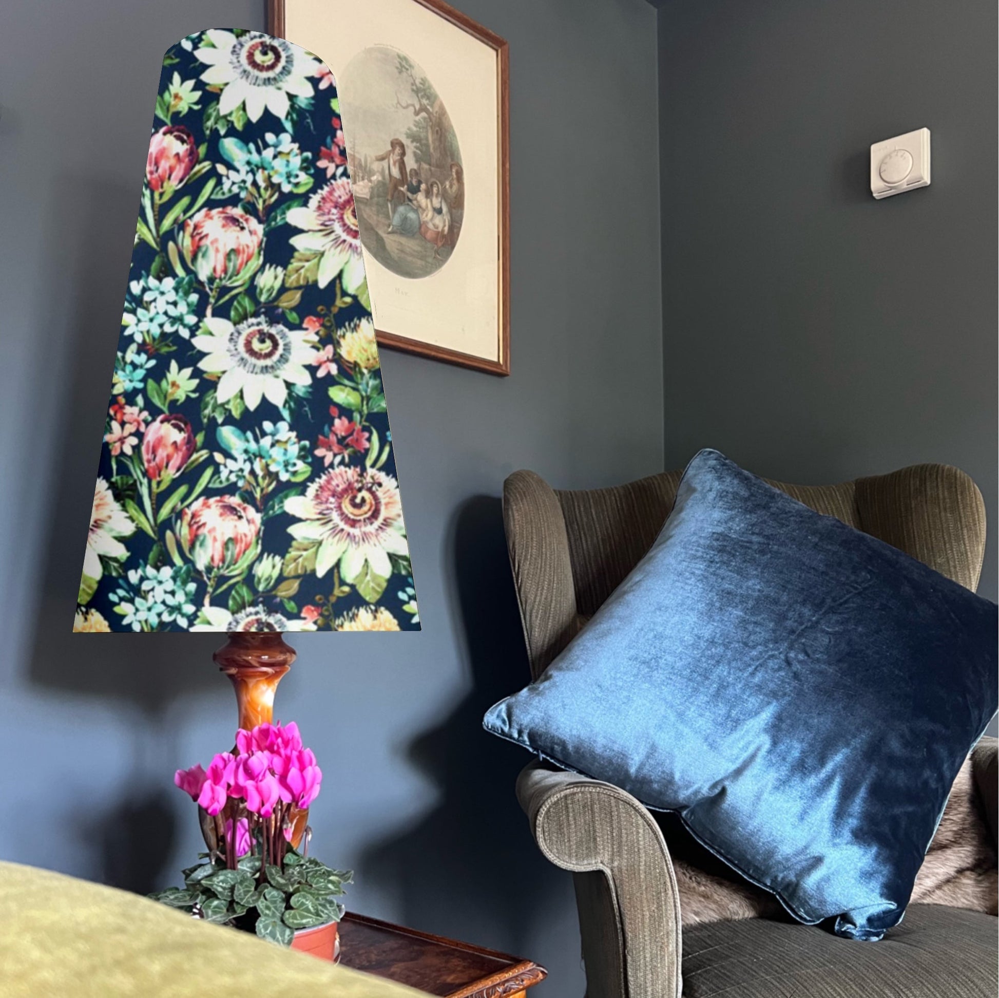Summer garden Velvet cone lampshade, extra tall lampshade, Midnight