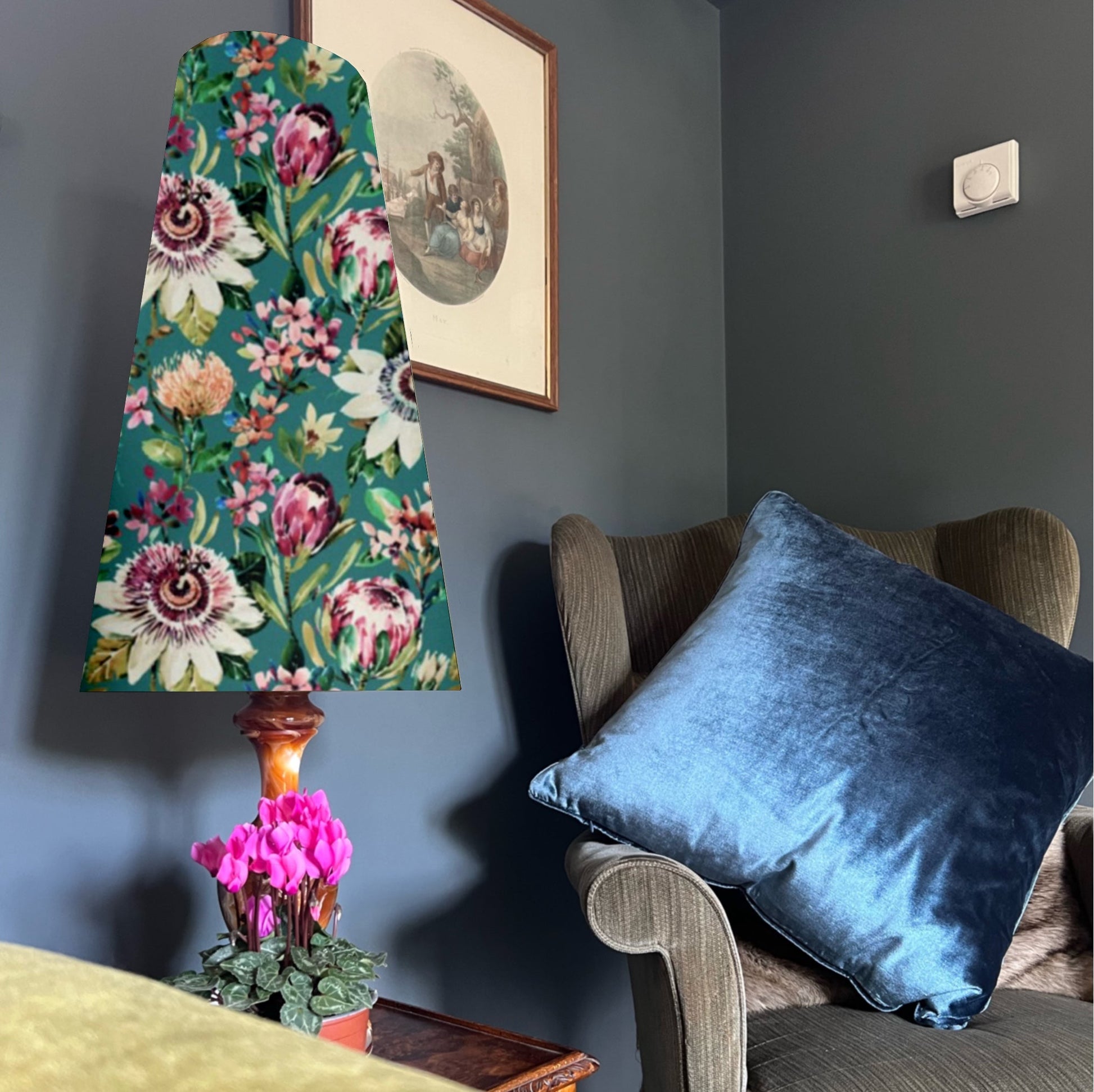 Summer garden Velvet cone lampshade, extra tall lampshade, Teal