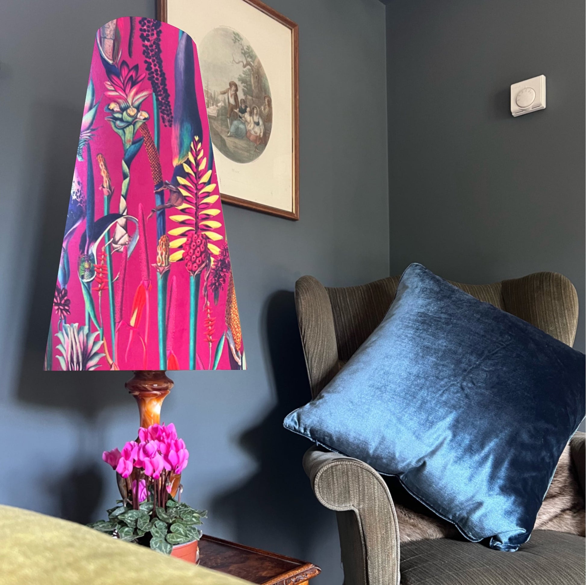 Botanical Cerise pink cone lampshade, extra tall lampshade