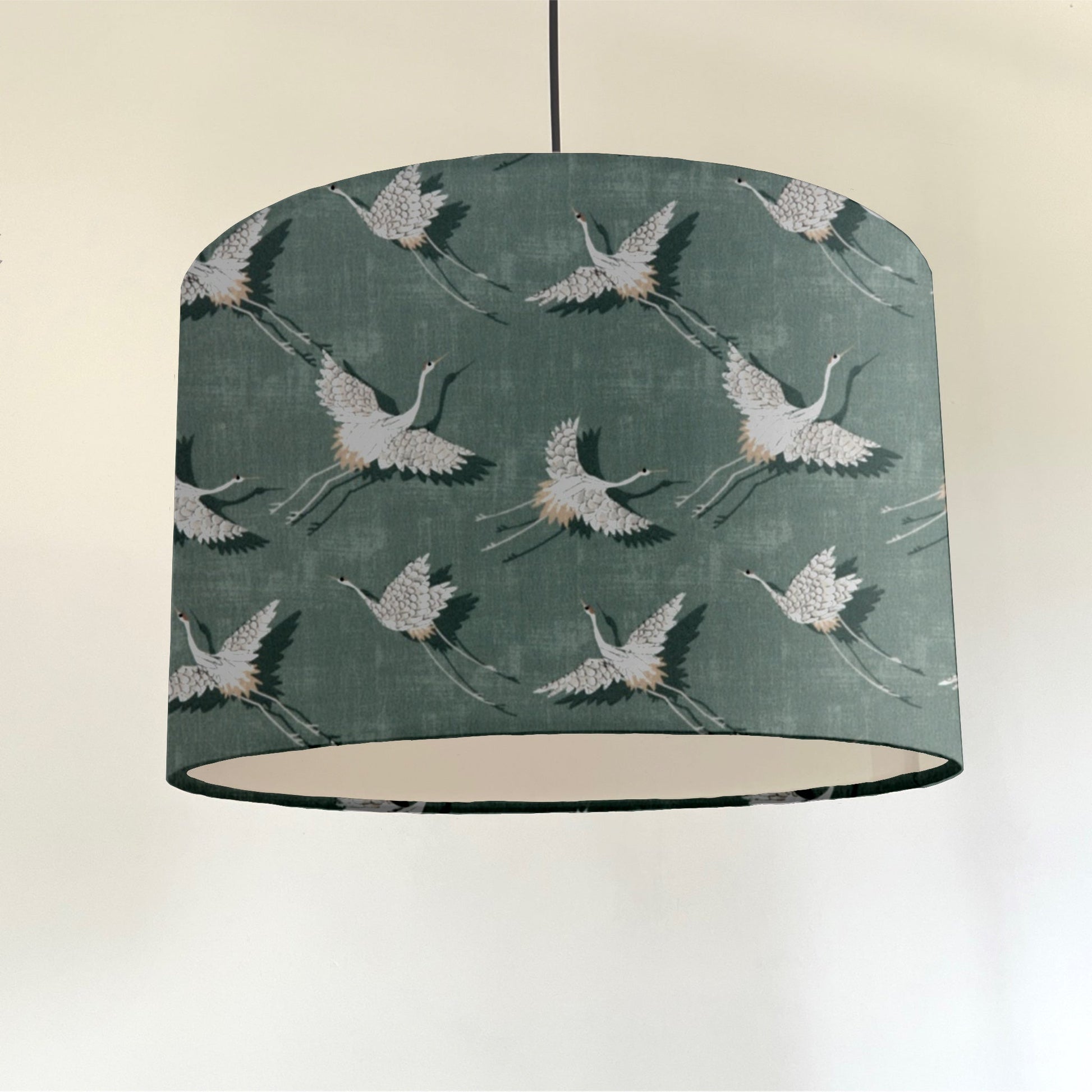 Flying birds drum lampshade/ ceiling shade, in olive, with a white lining