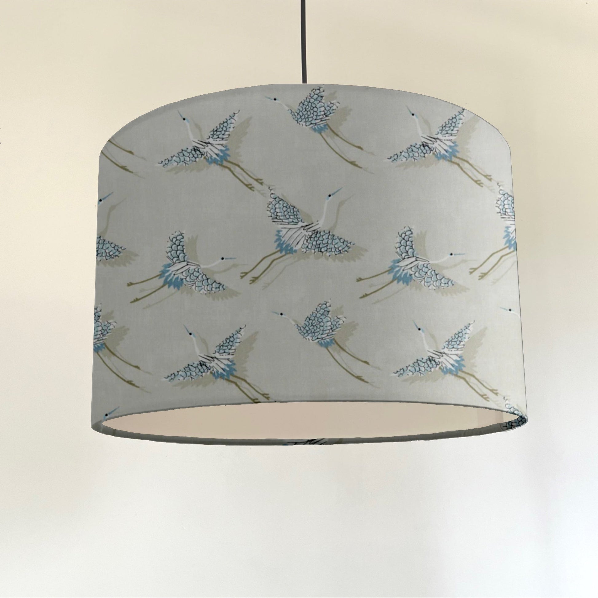 Flying birds drum lampshade/ ceiling shade, in linen, with a white lining