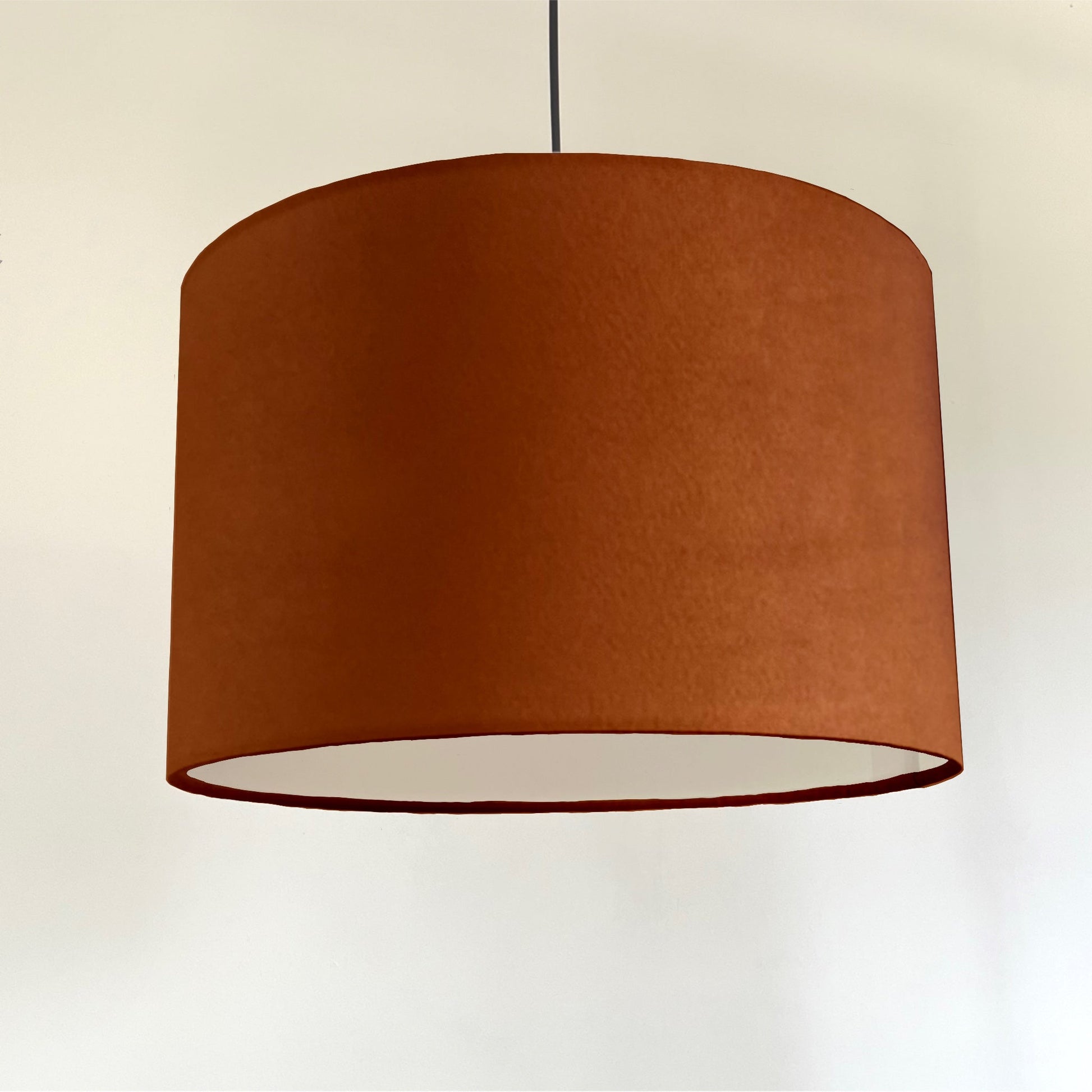 Burnt orange velvet drum lampshade/ ceiling shade with a white lining