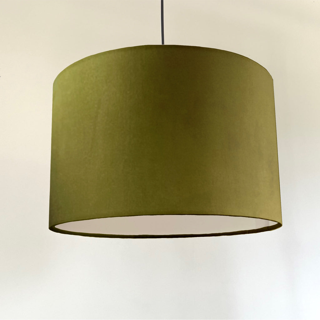 Olive velvet drum lampshade/ ceiling shade with a white lining
