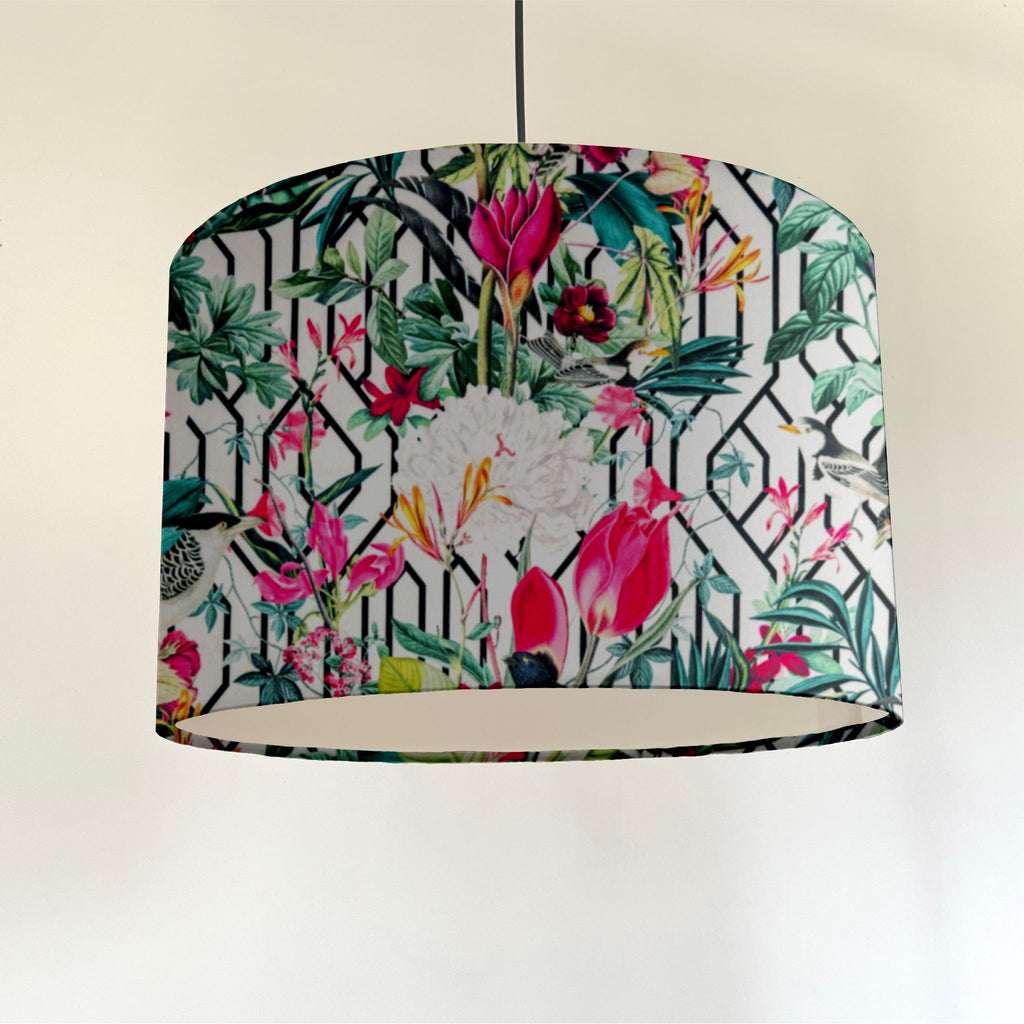 Botanical geometric white velvet lampshade / ceiling shade, with a white lining