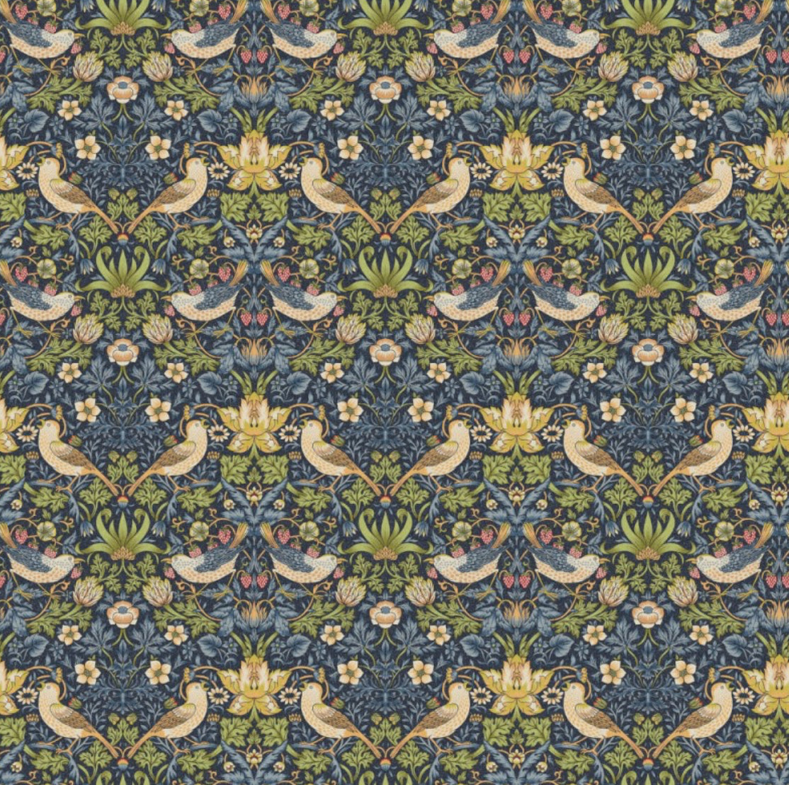 William Morris Navy strawberry thief cotton drum lampshade/ ceiling shade with a white lining