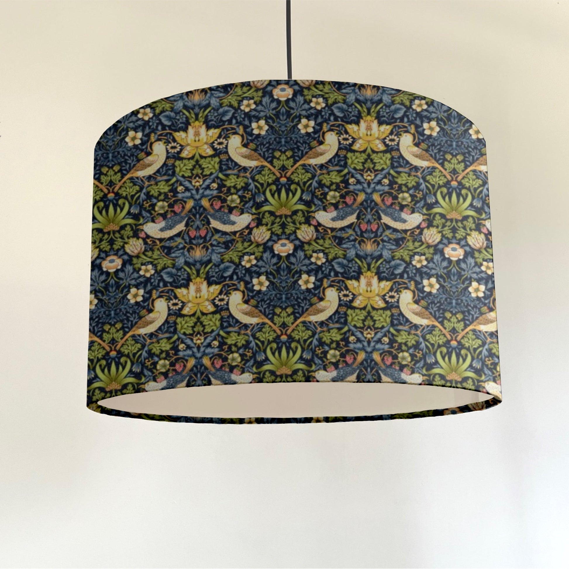 William Morris Navy strawberry thief cotton drum lampshade/ ceiling shade with a white lining