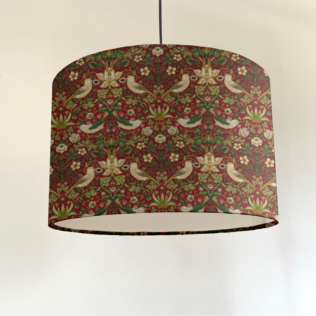 William Morris Crimson strawberry thief cotton drum lampshade/ ceiling shade with a white lining
