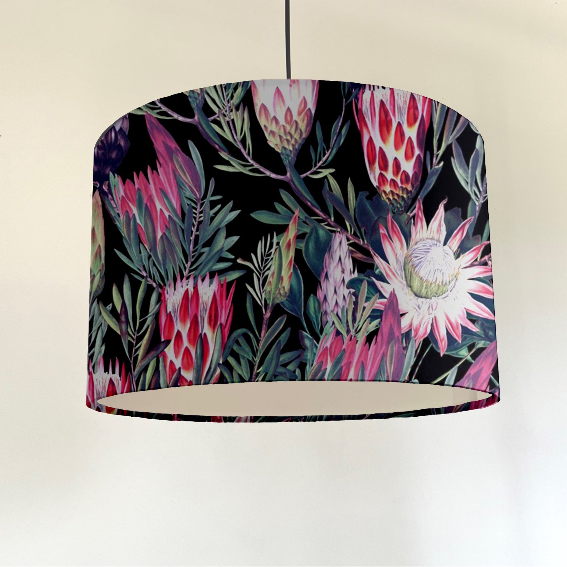 Black and pink botanical velvet drum lampshade / ceiling shade, with a white lining